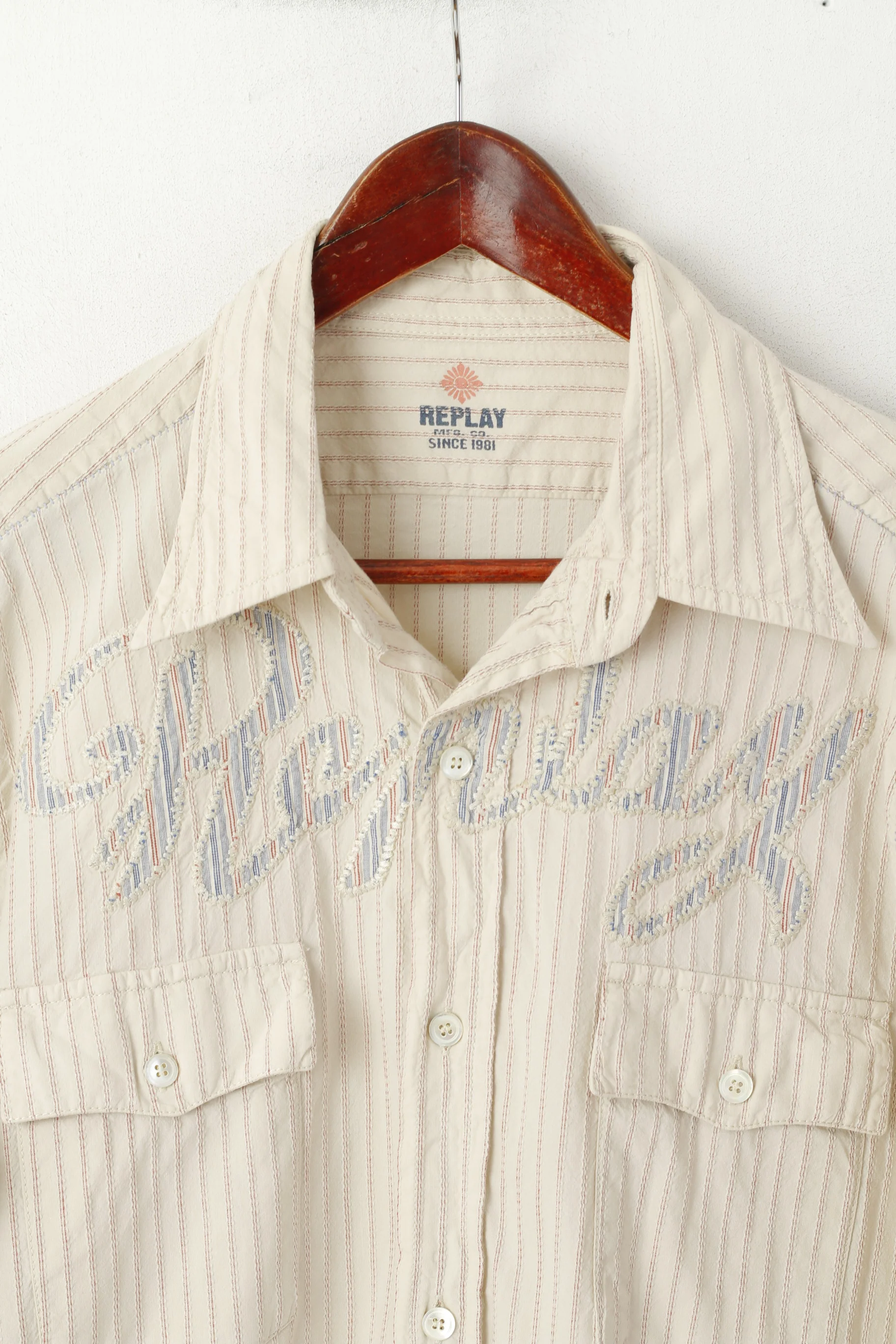 Replay Men XL (M) Casual Shirt Beige Cotton Striped Embroidered Long Sleeve Top - Image 2