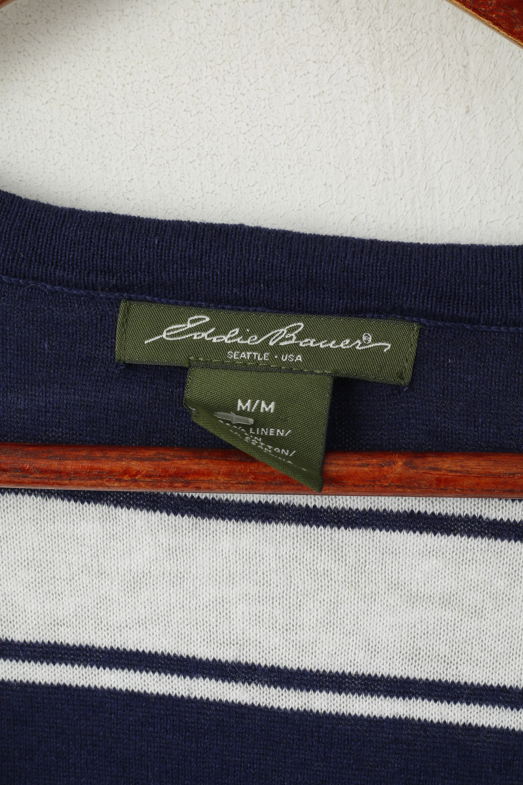 Eddie Bauer Women M Cardigan White Navy Striped Linen Cotton Blend Short Sleeve Top - Image 3