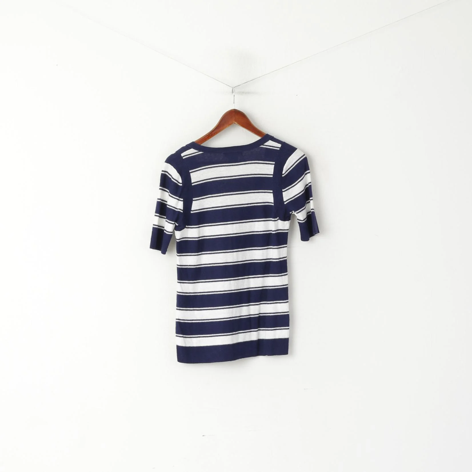 Eddie Bauer Women M Cardigan White Navy Striped Linen Cotton Blend Short Sleeve Top - Image 5