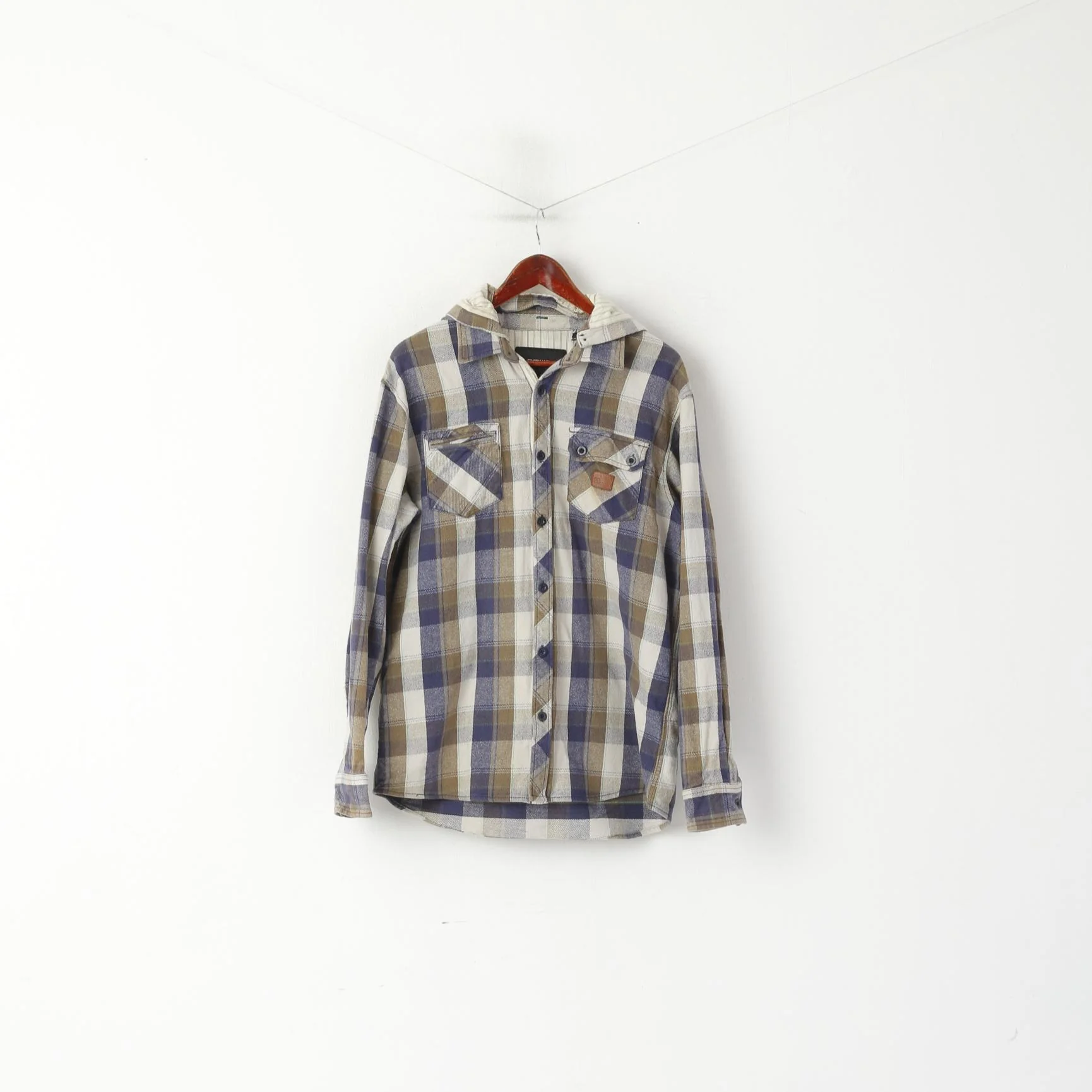 Animal Men L Casual Shirt Brown Check Cotton Flanel Detachable Hood Top