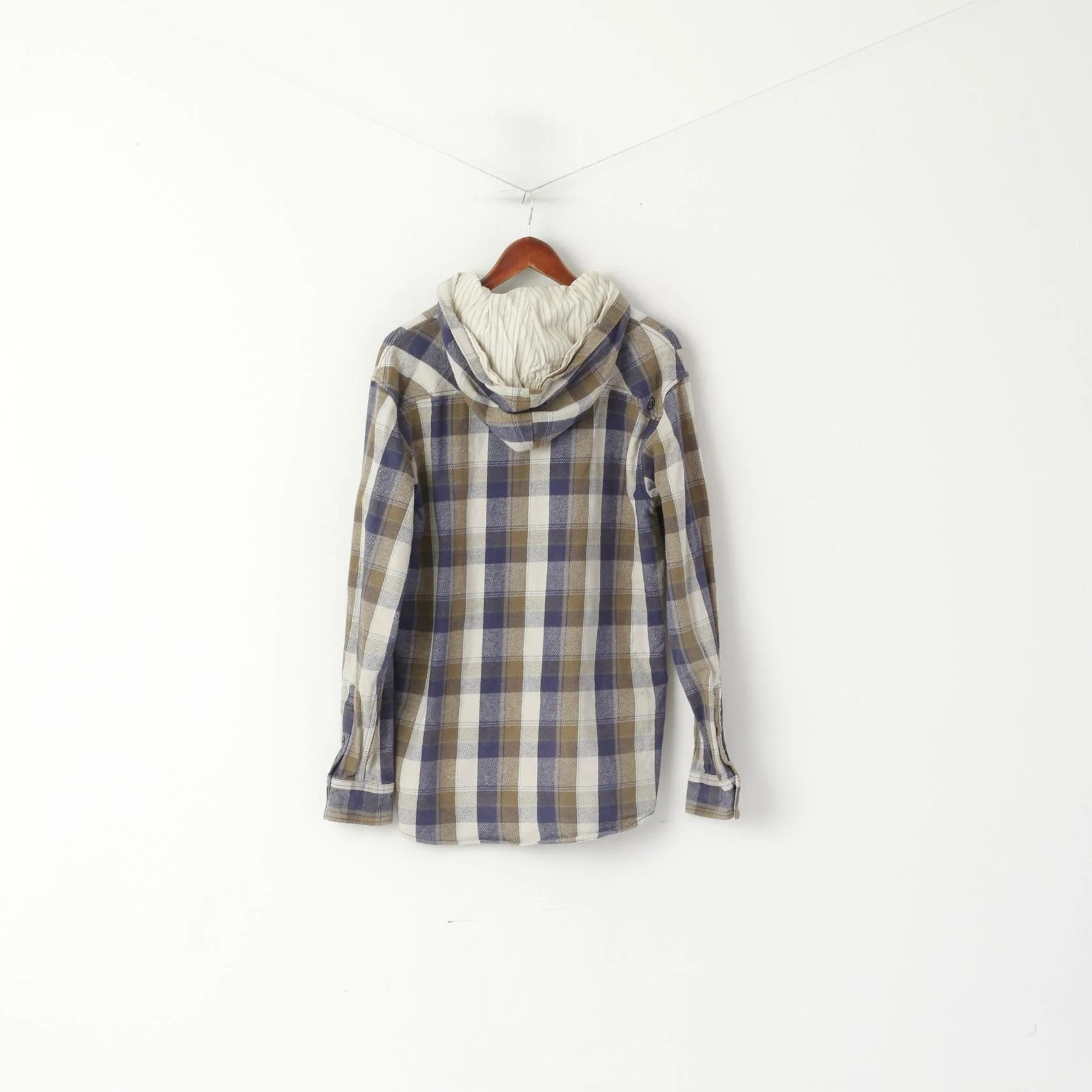 Animal Men L Casual Shirt Brown Check Cotton Flanel Detachable Hood Top - Image 6