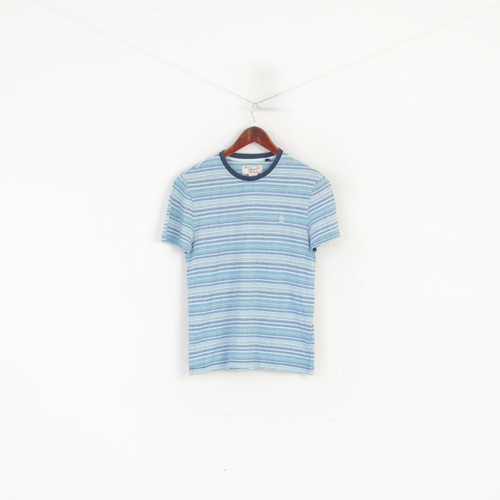 Penguin Men S (XS) Shirt Blue Cotton Striped Crew Neck Classic Top