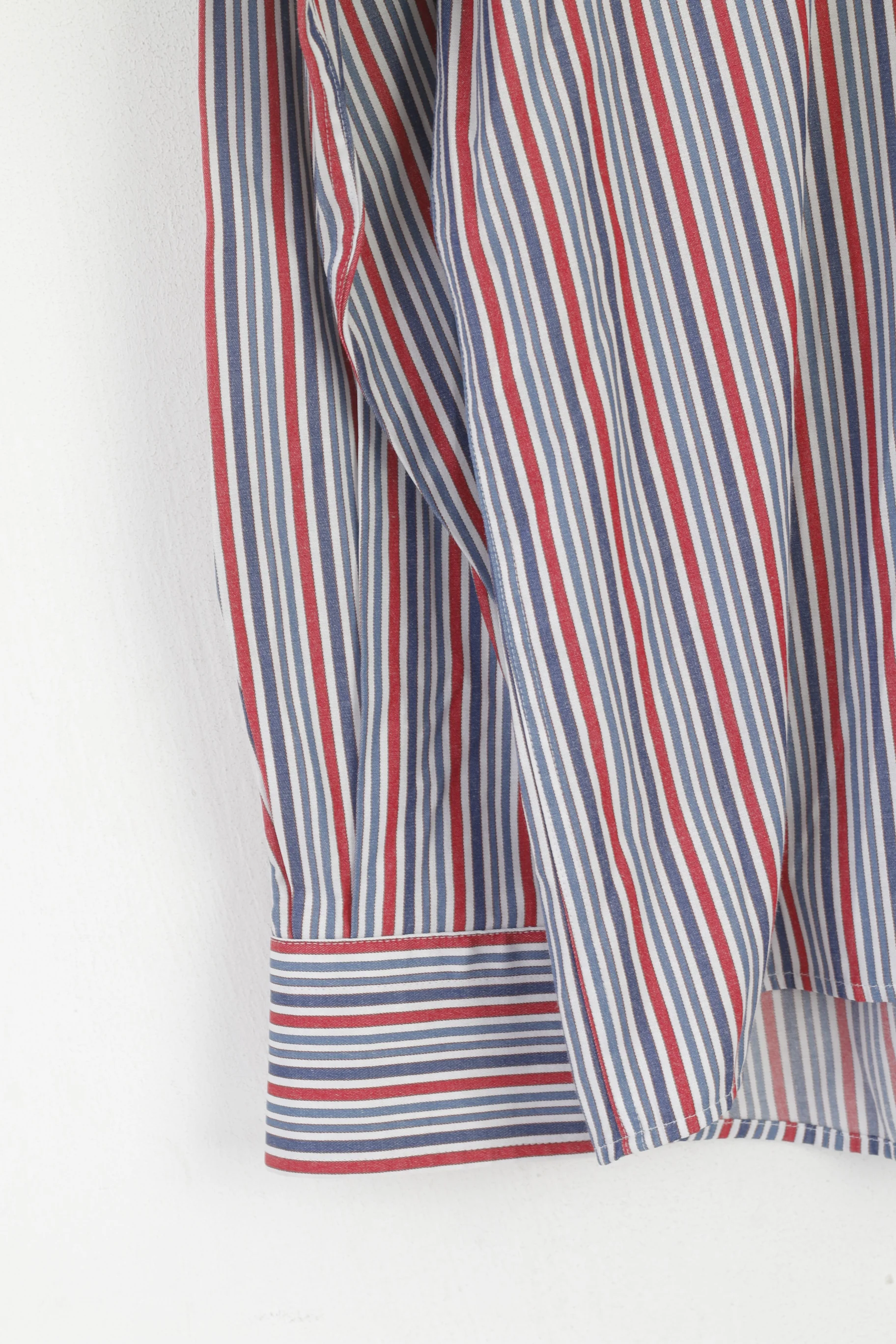 Guide London Men 41 16 M Casual Shirt Red Blue Striped Cotton Long Sleeve Top - Image 3