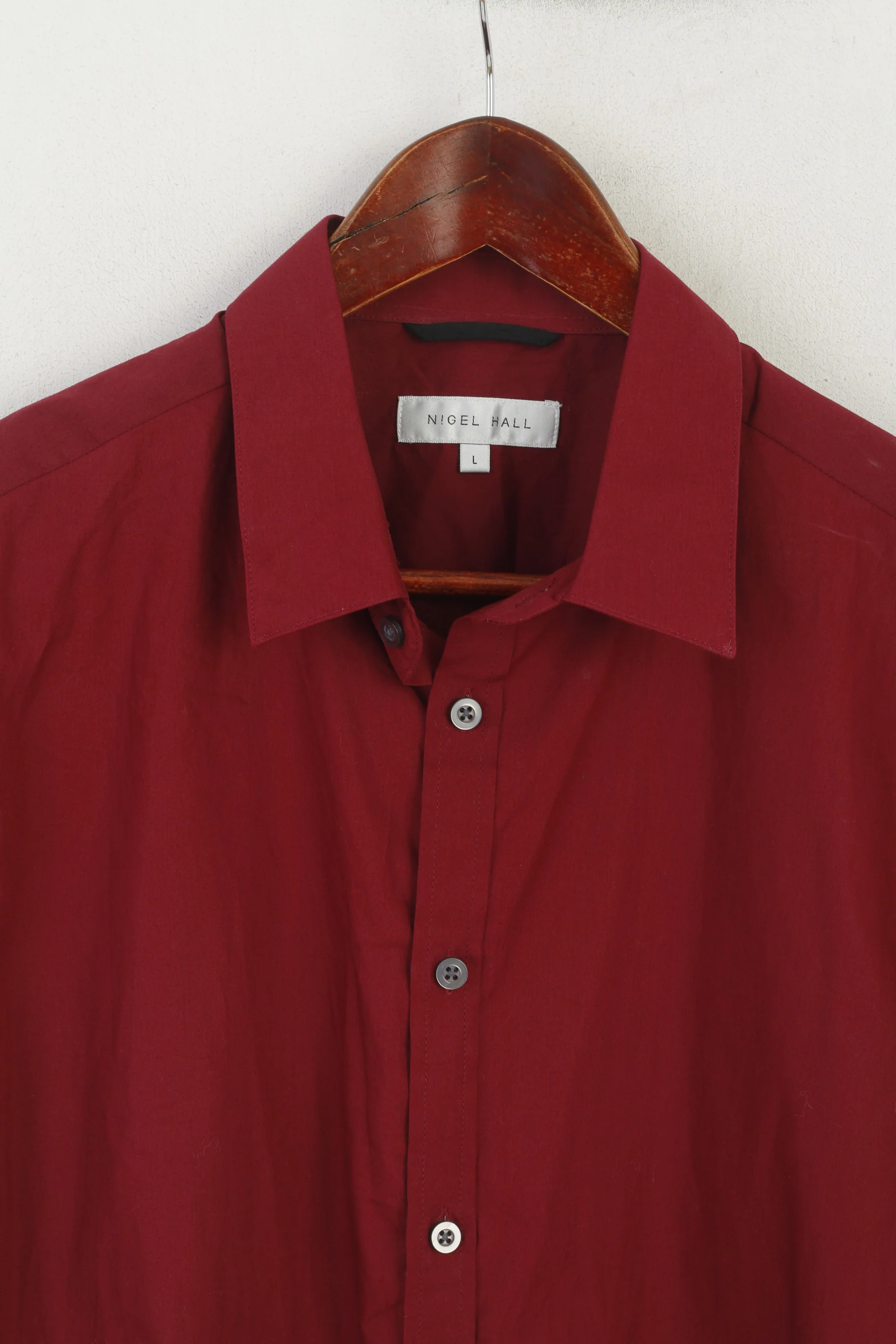 Nigel Hall Men L Casual Shirt Burgundy Cotton Long Sleeve Plain Slim Fit Top - Image 2