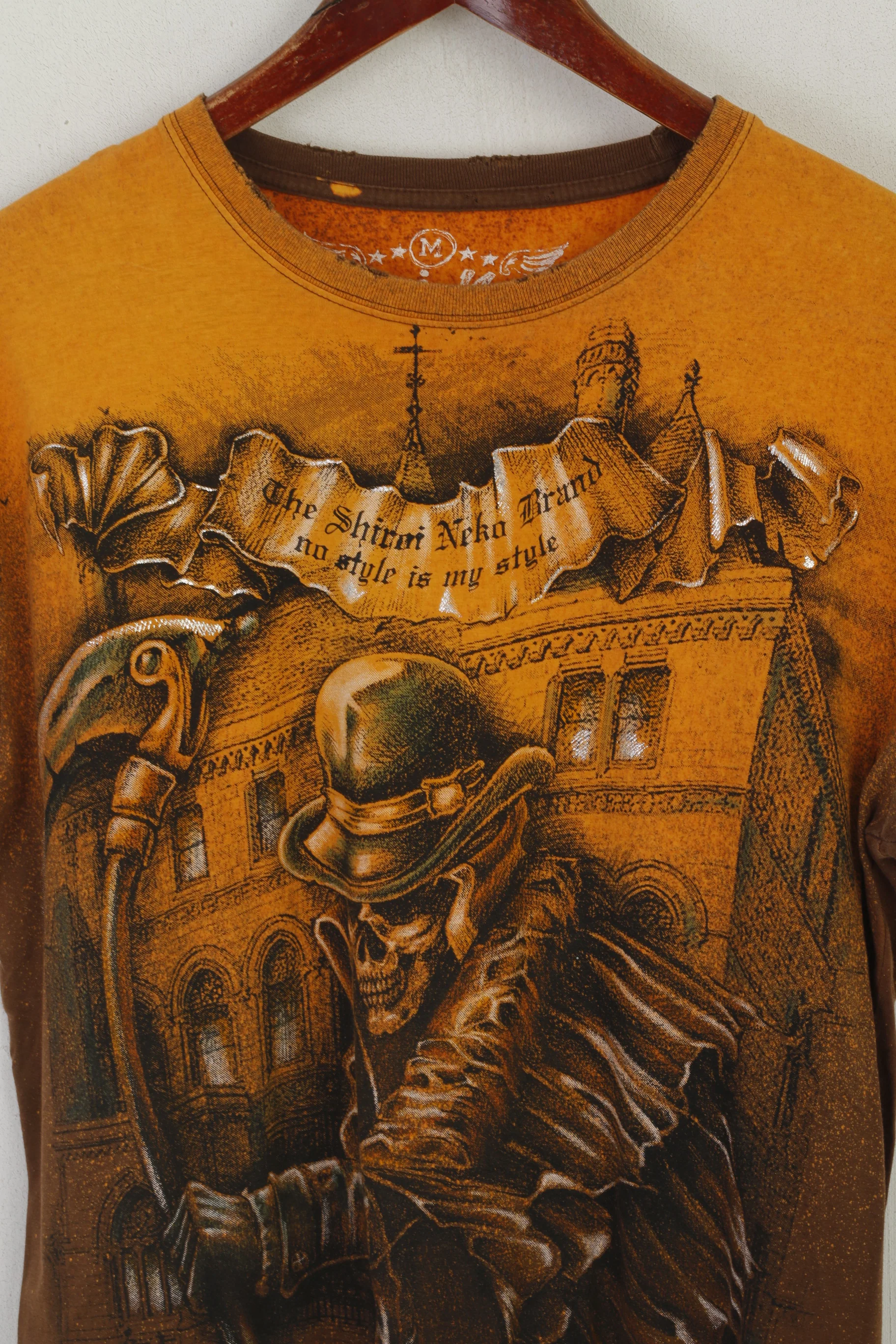 Shirai Neka Men M Shirt Orange Cotton Vintage Skull Scythe Crew Neck Top - Image 2