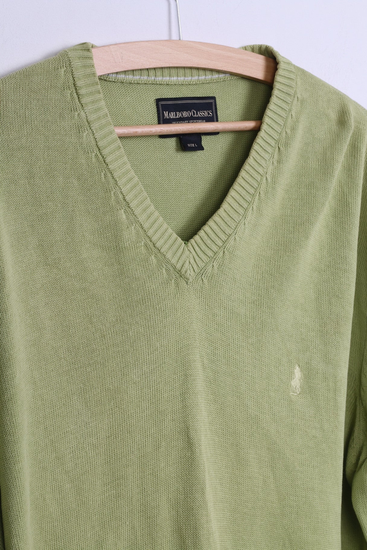 Marlboro Classics Mens L Jumper Green Cotton V Neck Sweater - Image 3