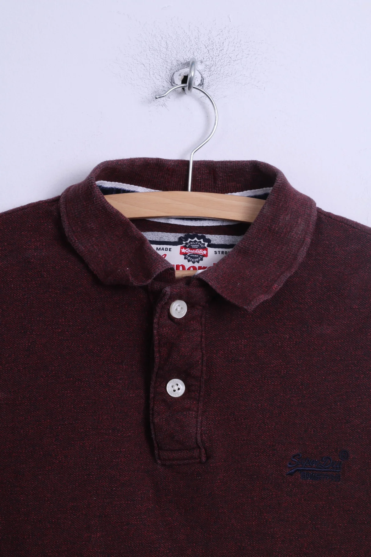 Superdry Mens XL (M) Polo Shirt Burgundy Cotton Long Sleeve Detailed Buttons Japan - Image 2