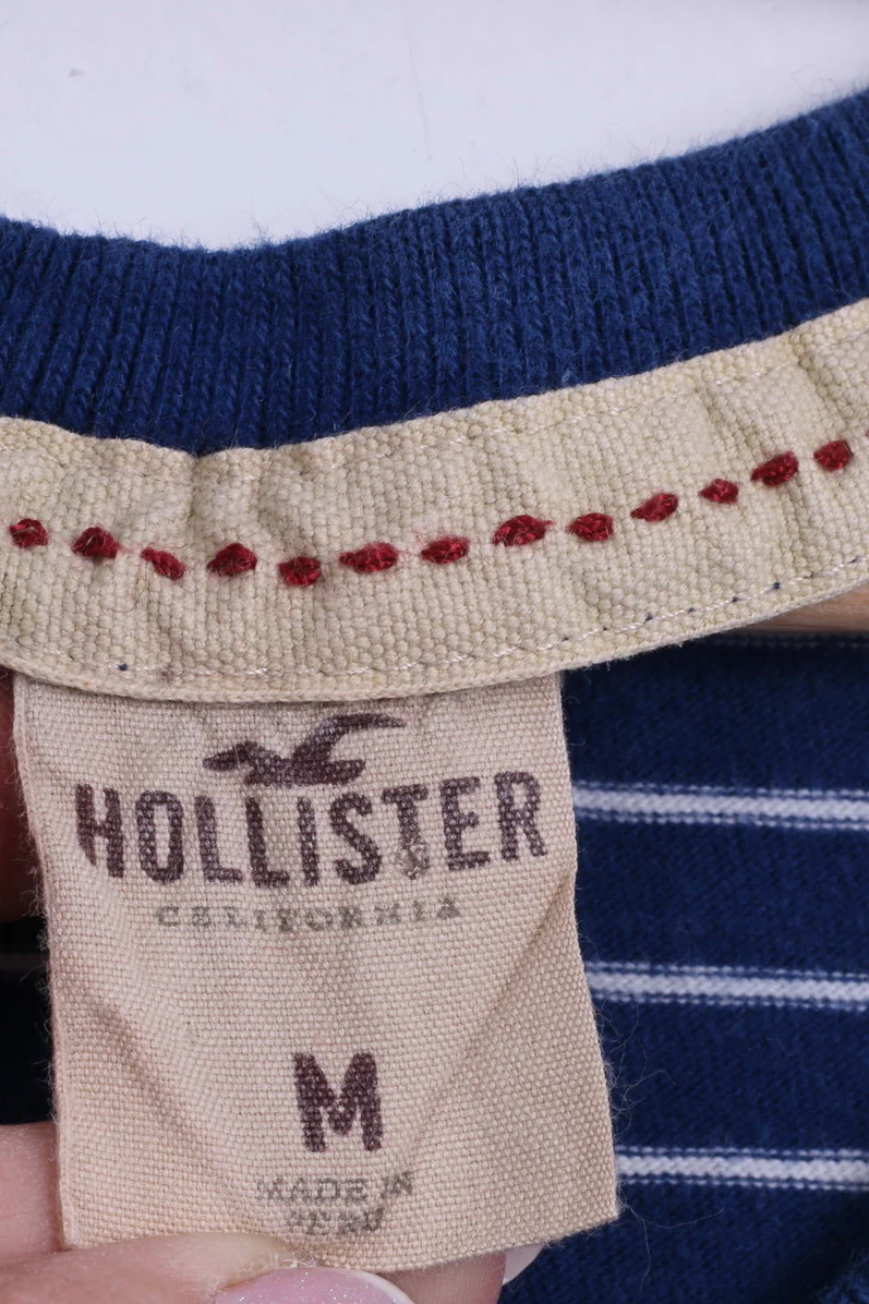 Hollister California Womens M T-Shirt Blue Striped Cotton V Neck Marine Top - Image 4
