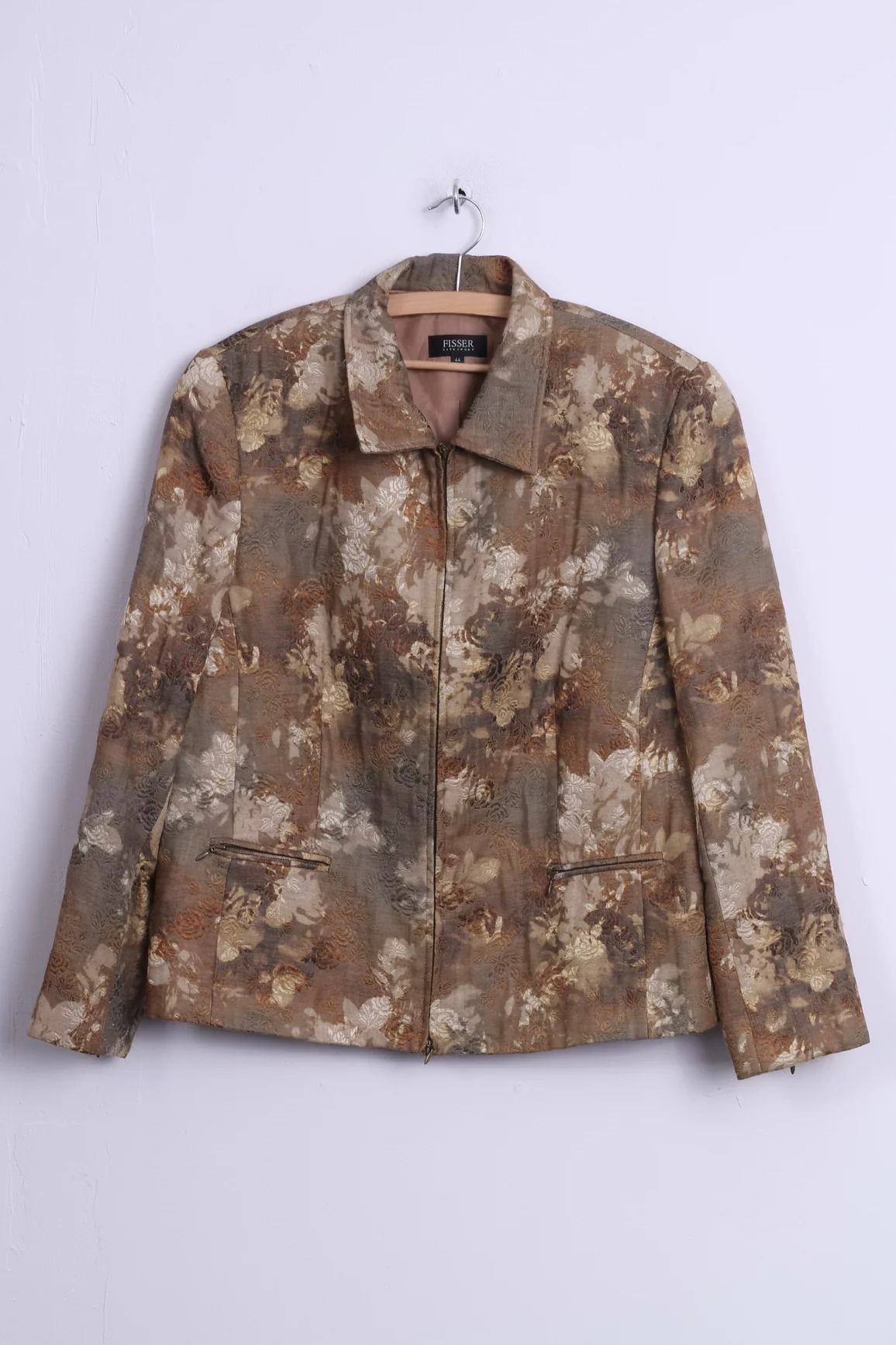 Fisser Womens 44 L Jacket City Sport Gold Green Flowers Printed Wool Blend Shoulder Pads Retro