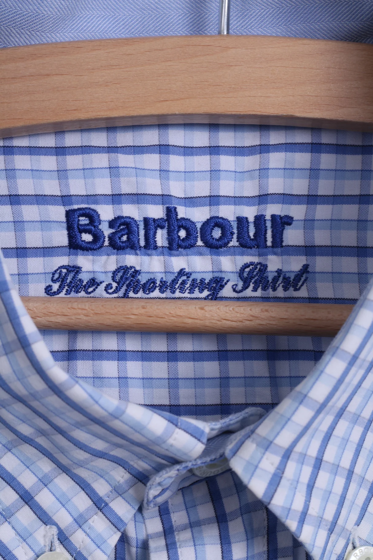Barbour Mens L Casual Shirt Blue Cotton Long Sleeve Checkered Button Down Collar - Image 5