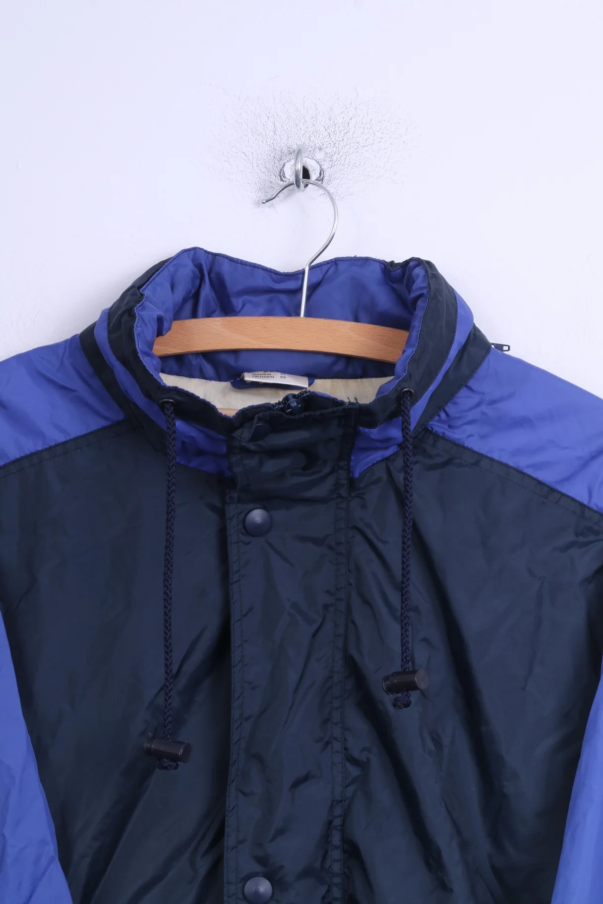 Marcel Clair Mens XL Jacket Blue Retro Nylon Hidden Hood Rain Coat - Image 2