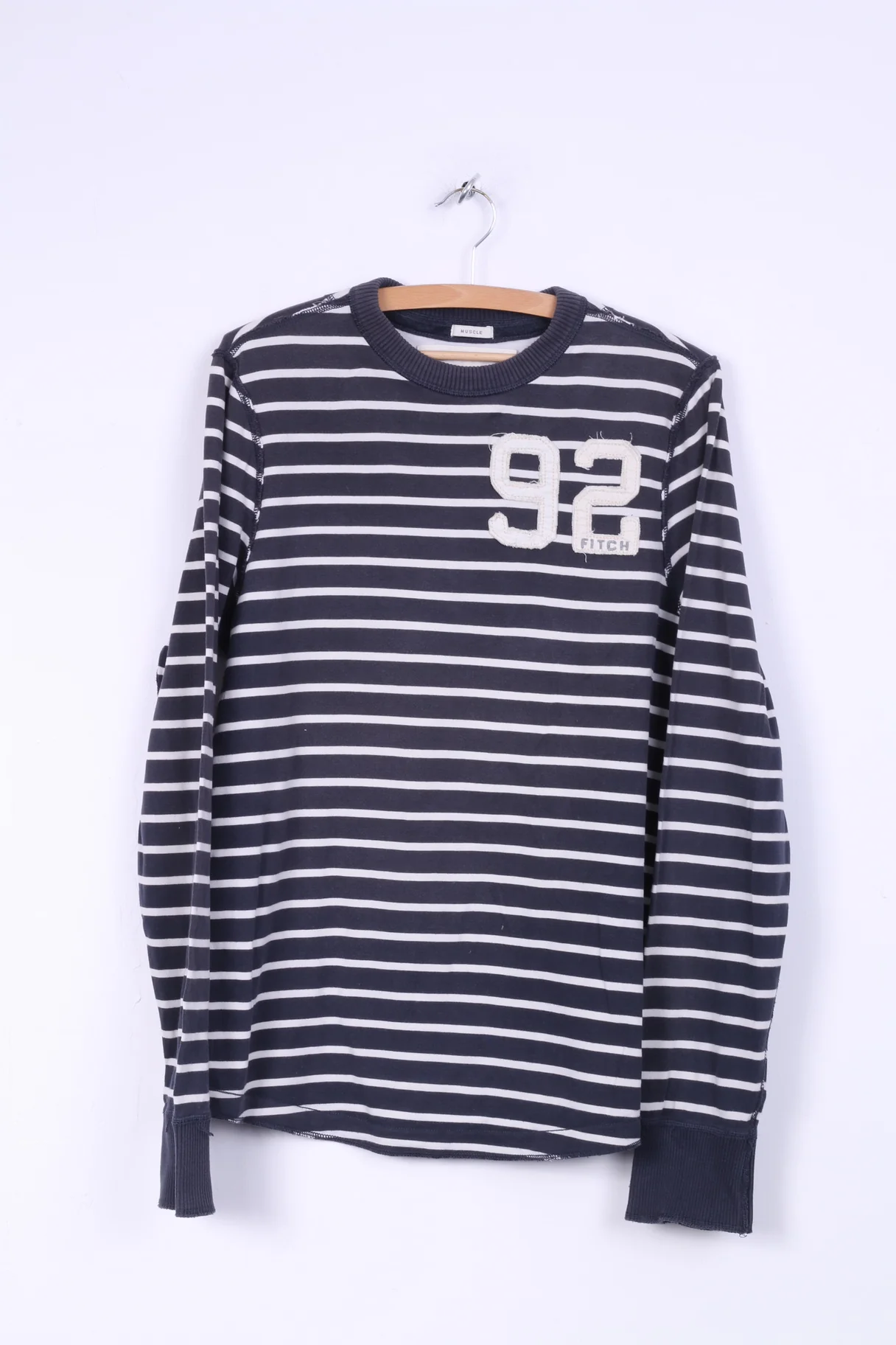 Abercrombie & Fitch Mens XL (M) Long Sleeve Shirt Navy Cotton Striped Muscle Fit Top