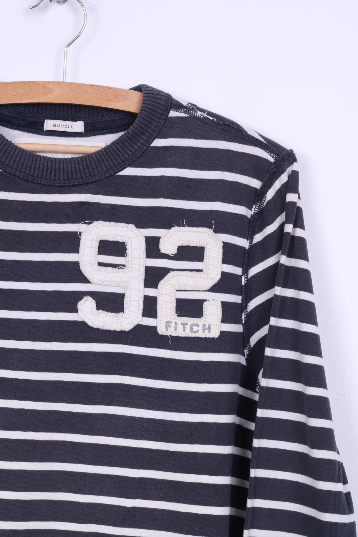 Abercrombie & Fitch Mens XL (M) Long Sleeve Shirt Navy Cotton Striped Muscle Fit Top - Image 3