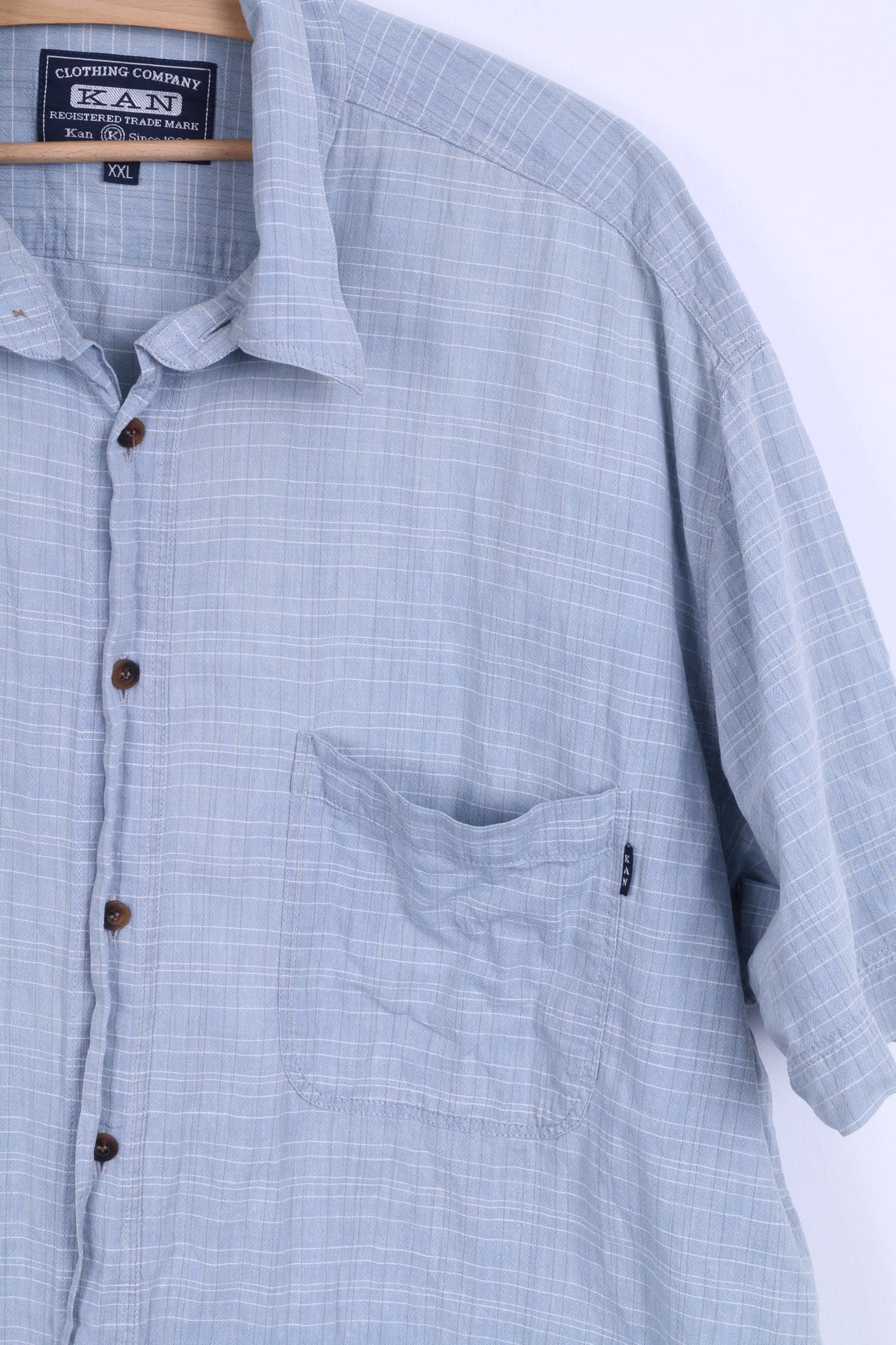 KAN Mens XXL Casual Shirt Cotton Blue Checkered Short Sleeve - Image 2