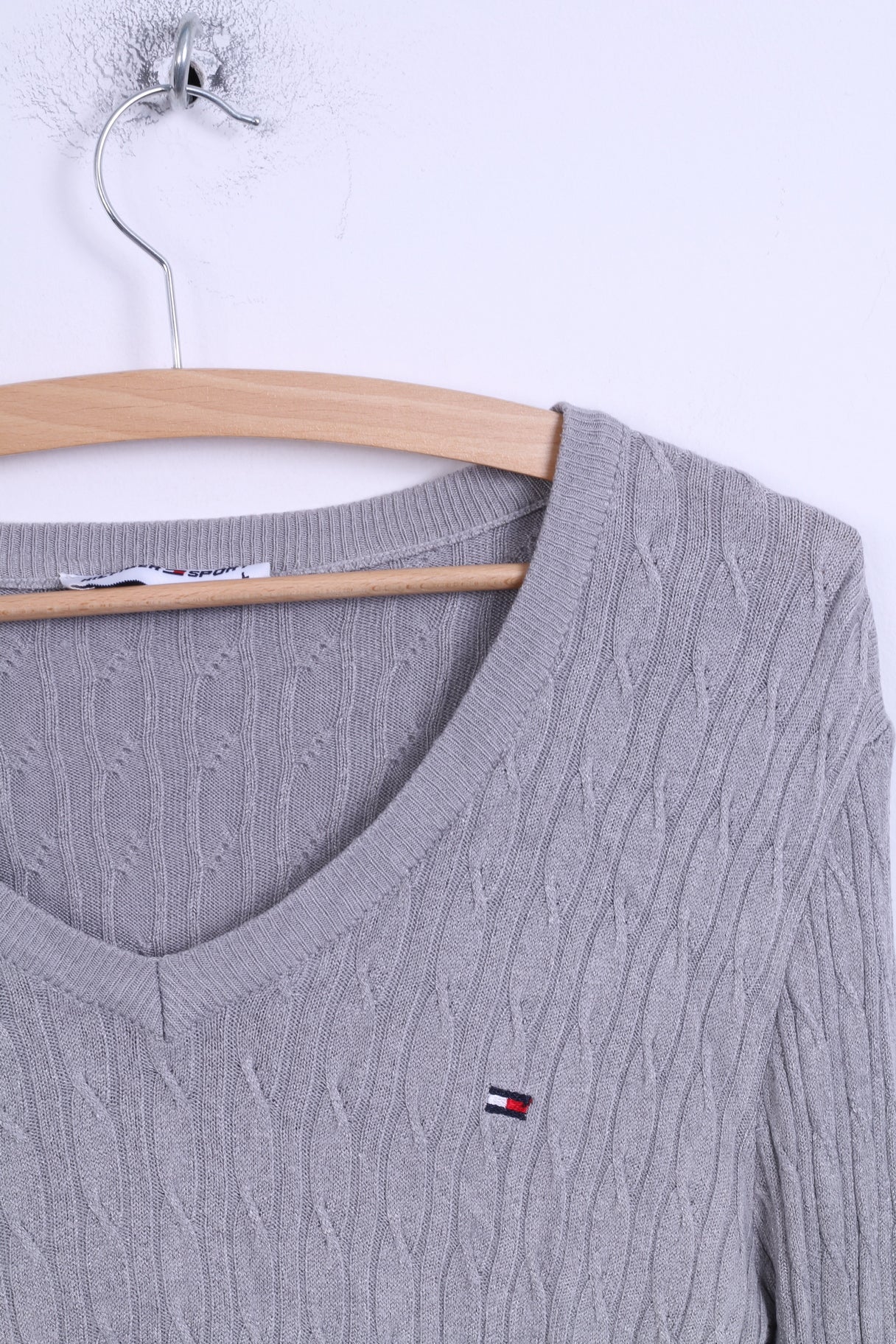 Hilfiger Sport Womens L (S) Jumper Grey Stretch V Neck Sweater Italy - Image 3