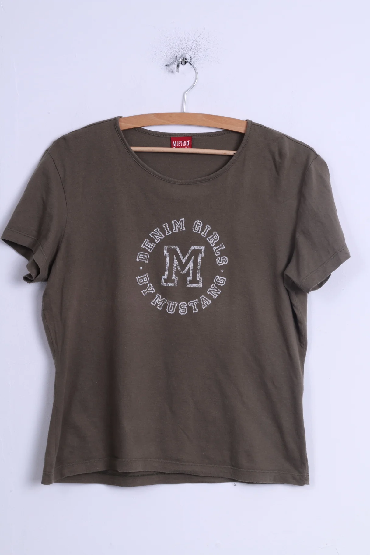 Mustang Jeans Womens L Shirt Green Cotton Crew Neck Graphic Short Top