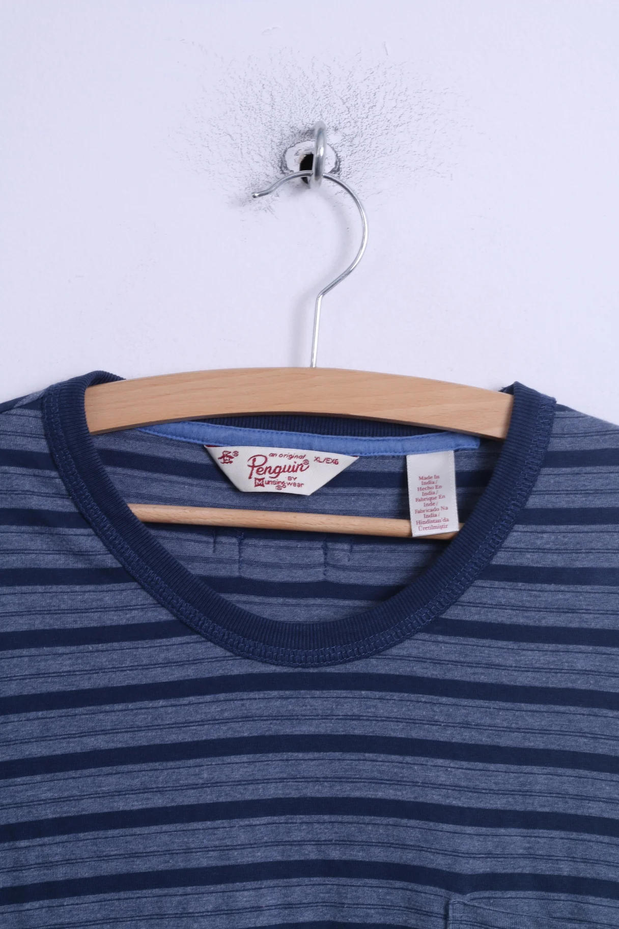Penguin Mens XL T-Shirt Blue Cotton Crew Neck Striped Casual Soft Stretch Top - Image 2