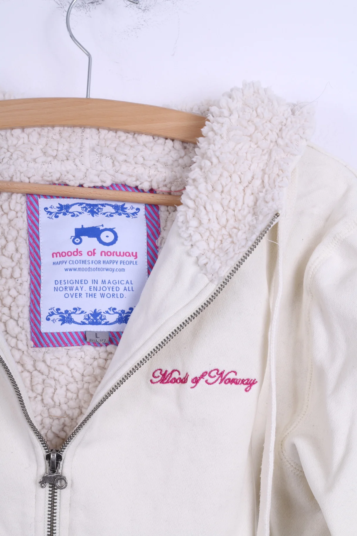 Moods Of Norway Womens L Sweatshirt Cream Hooded Zip Up Cotton Warm Blouse - Image 3