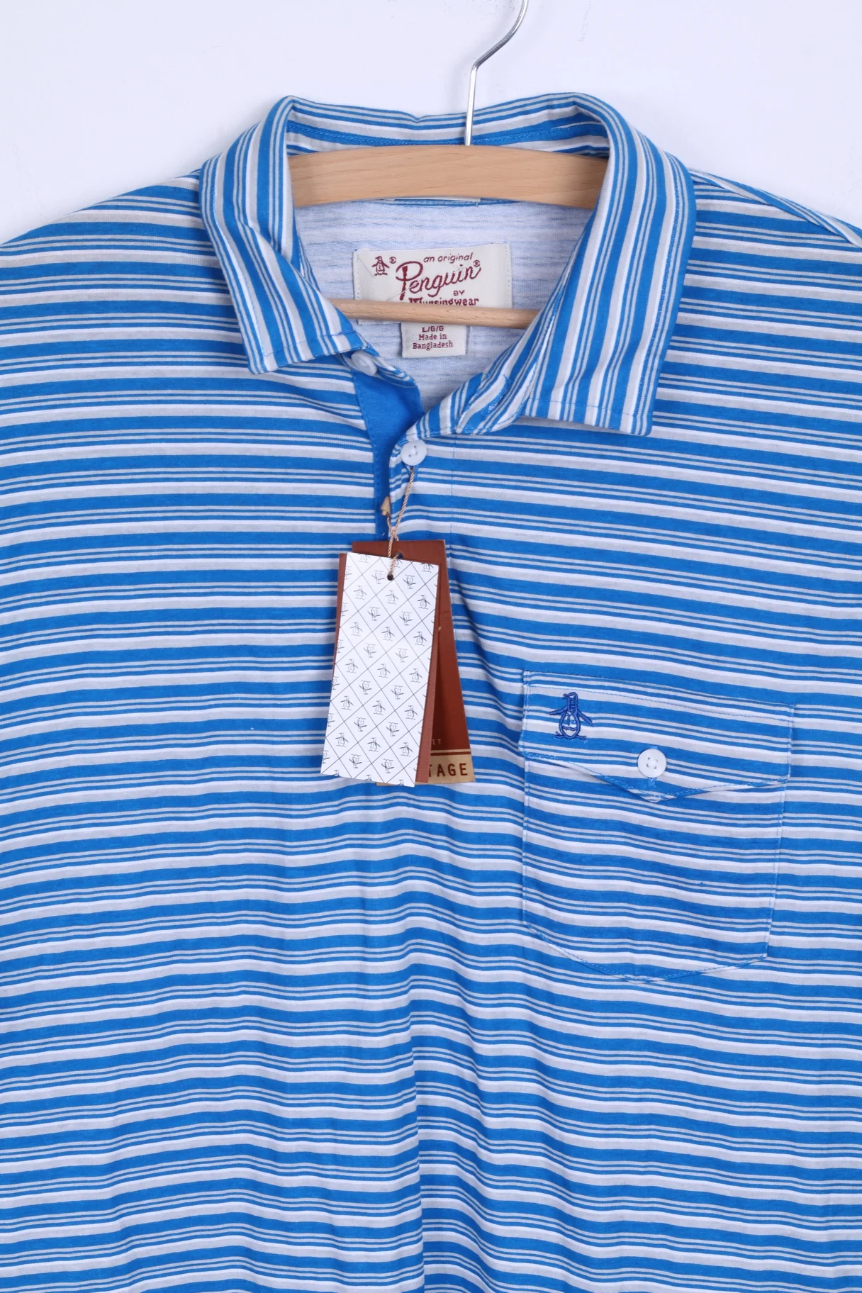 New Penguin Mens L Polo Shirt Cotton Blue Striped Heritage Slim Fit Stretch - Image 2