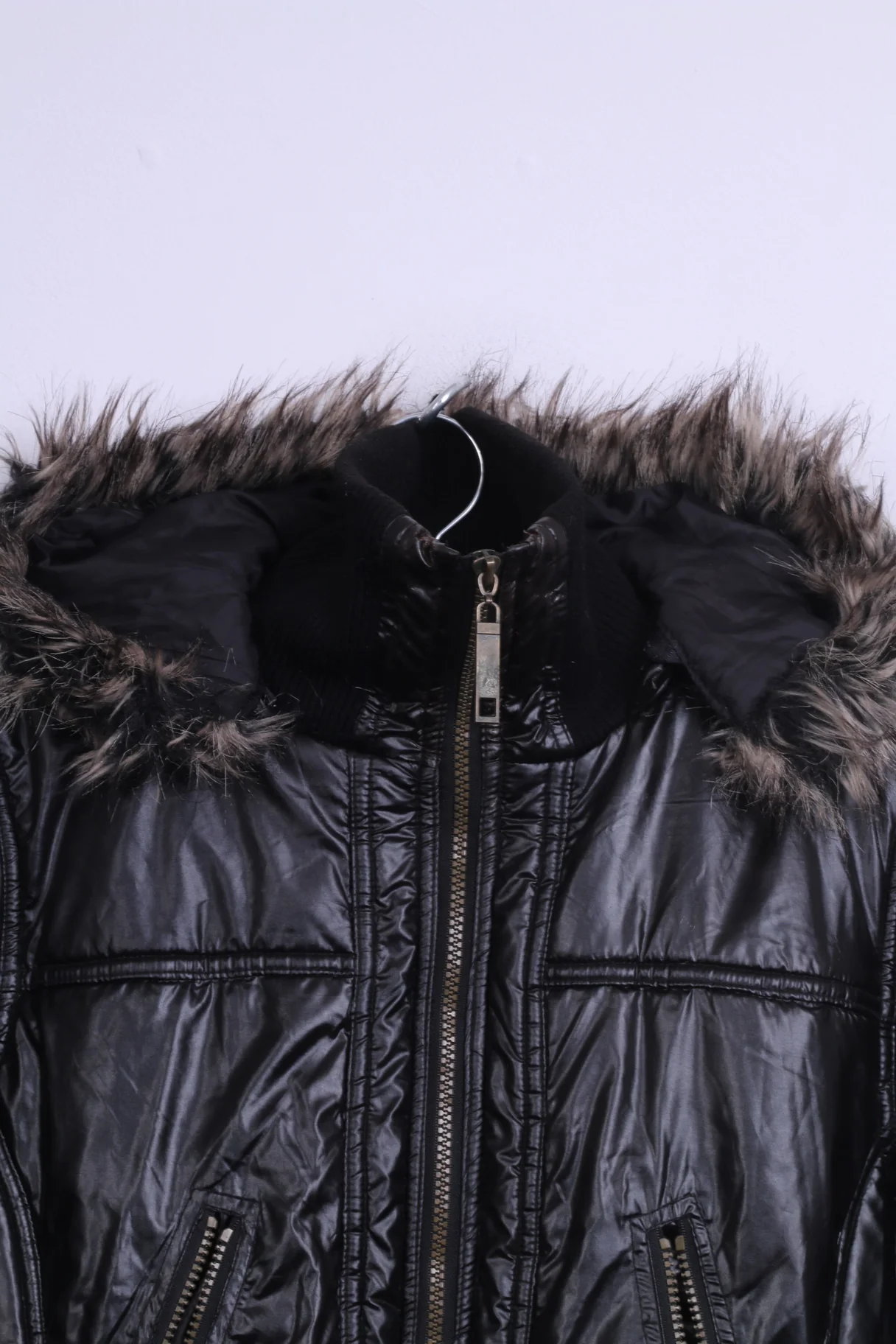 Ere Fashion Womens M Jacket Shiny Black Padded Hood Fur Biker Top - Image 2