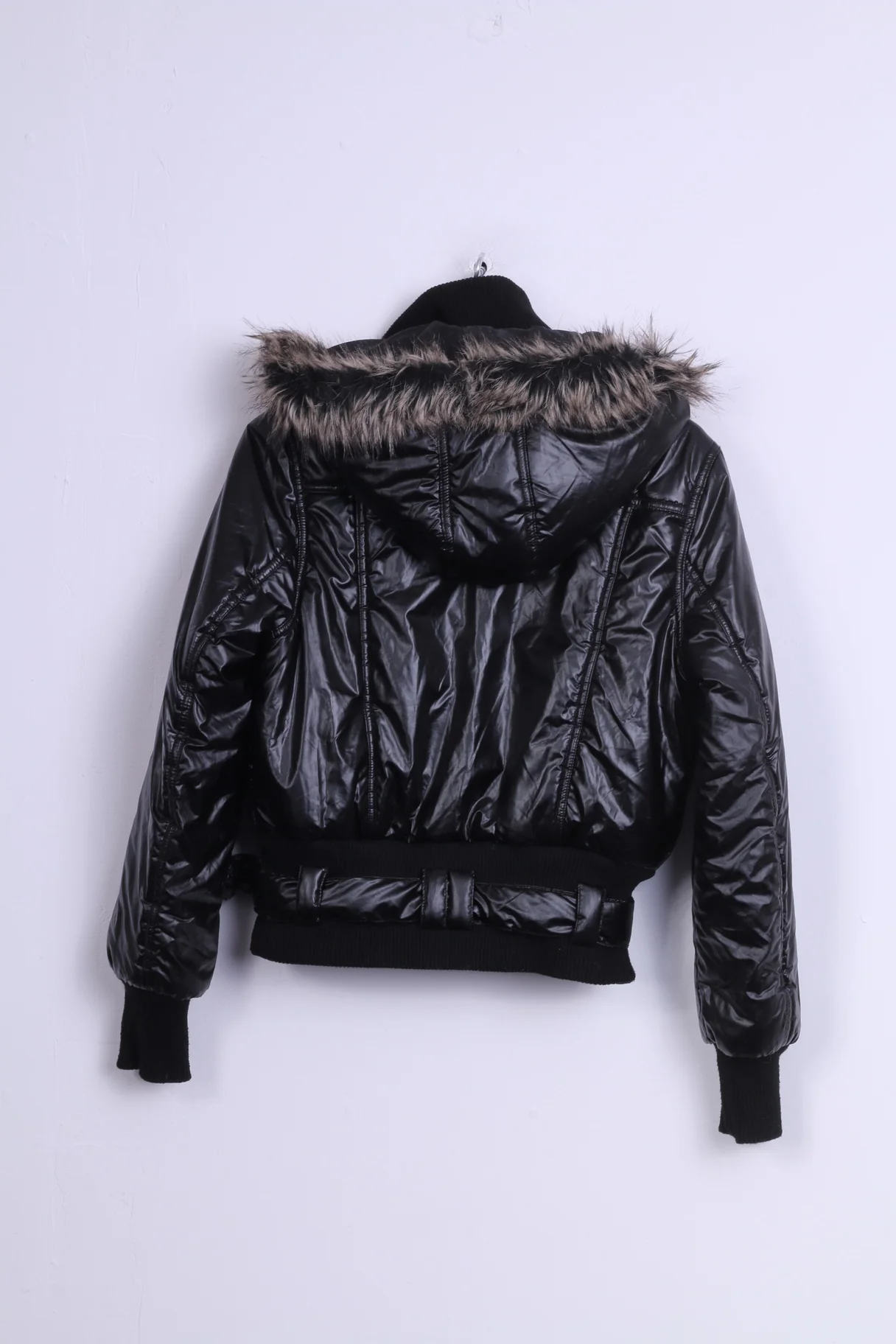 Ere Fashion Womens M Jacket Shiny Black Padded Hood Fur Biker Top - Image 5
