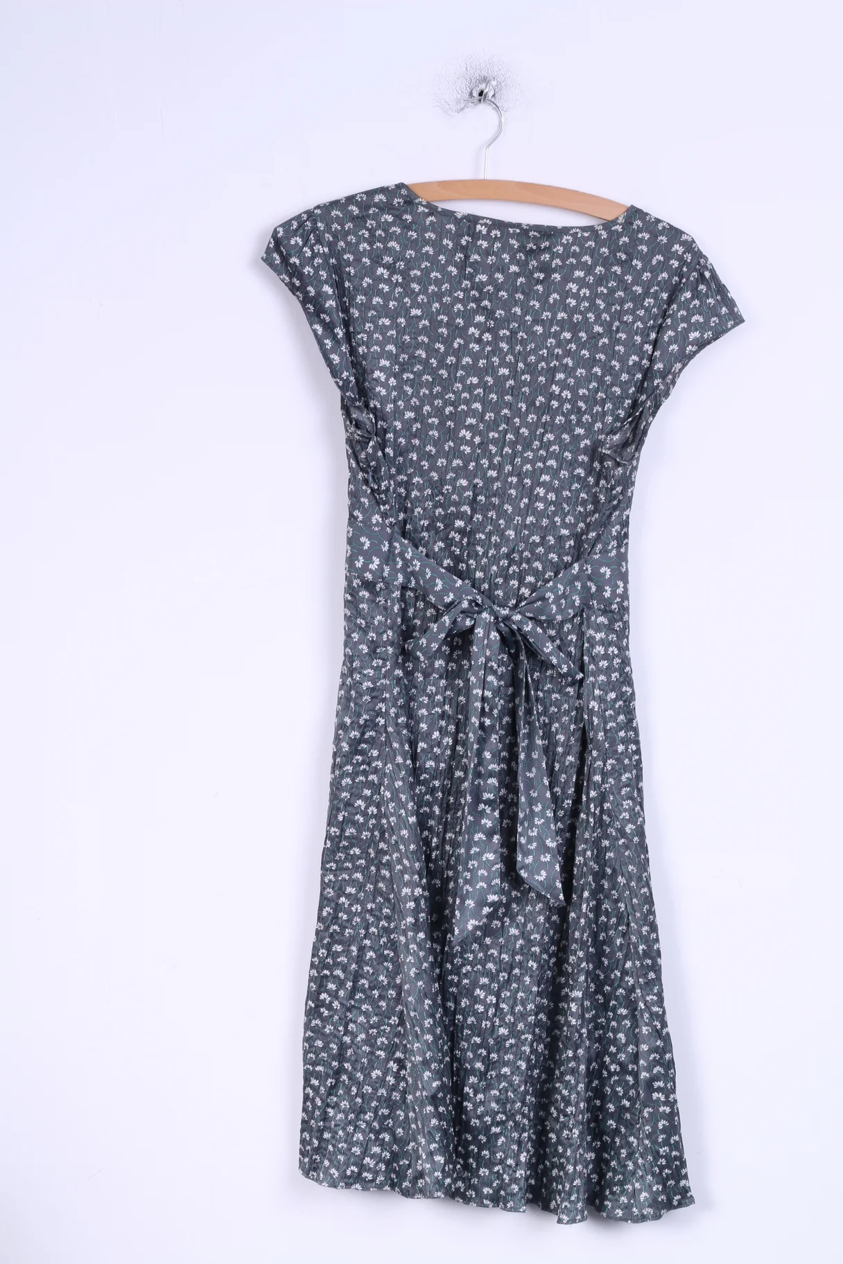 Monsoon Womens 14 42 L Long Dress Grey Flowers Pleated Belted - Image 5