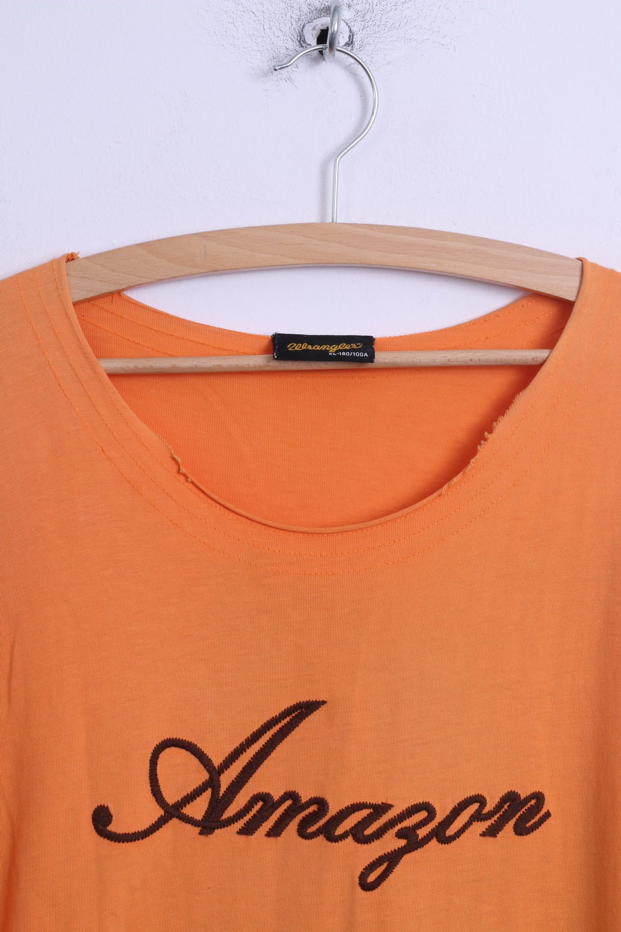 Wrangler Mens XL T-Shirt Orange Cotton Crew Neck Amazon Embroidered Back - Image 2