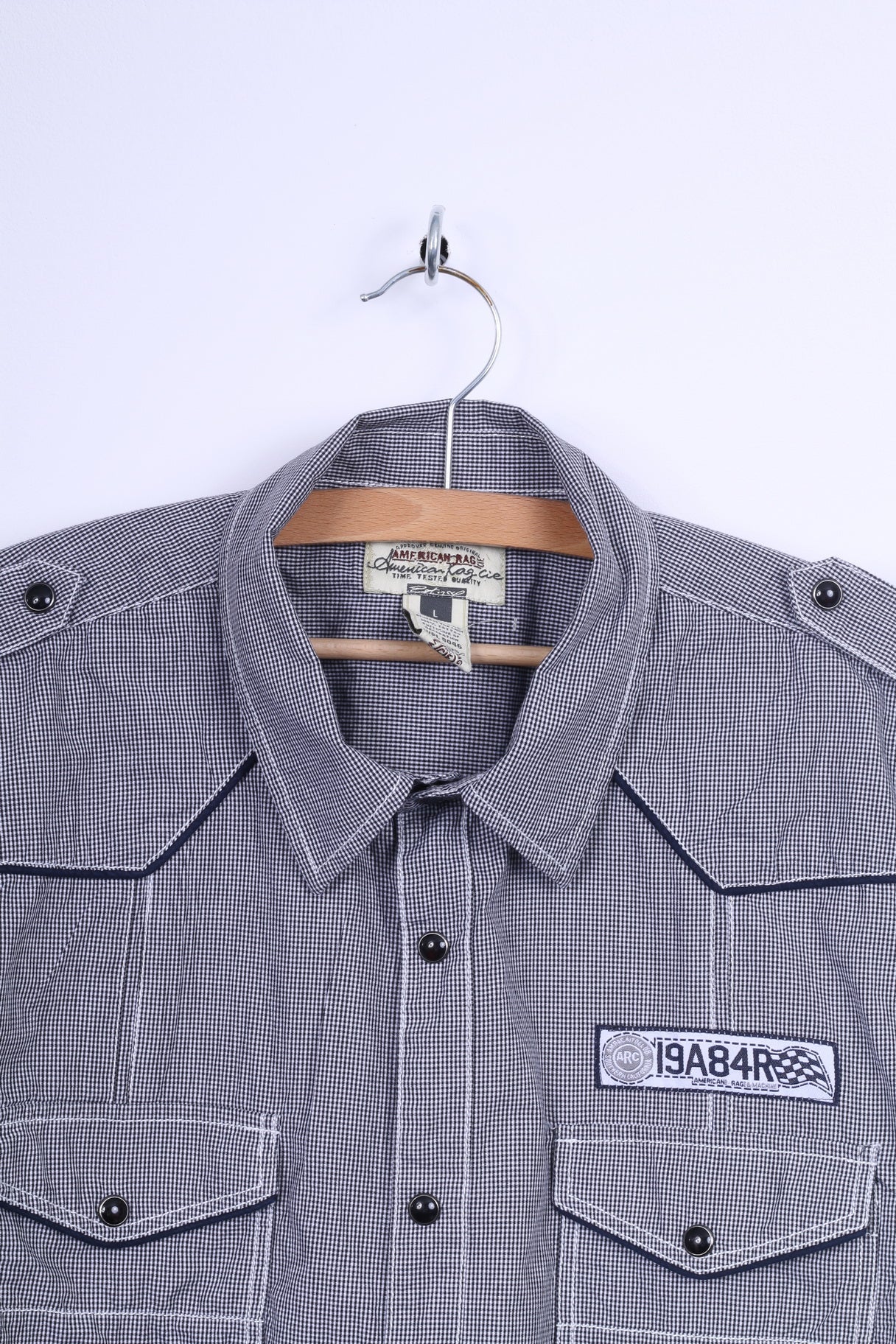 American Rag CIF Mens L Casual Shirt Black Cotton Checkered Popper Buttons Short Sleeve - Image 2