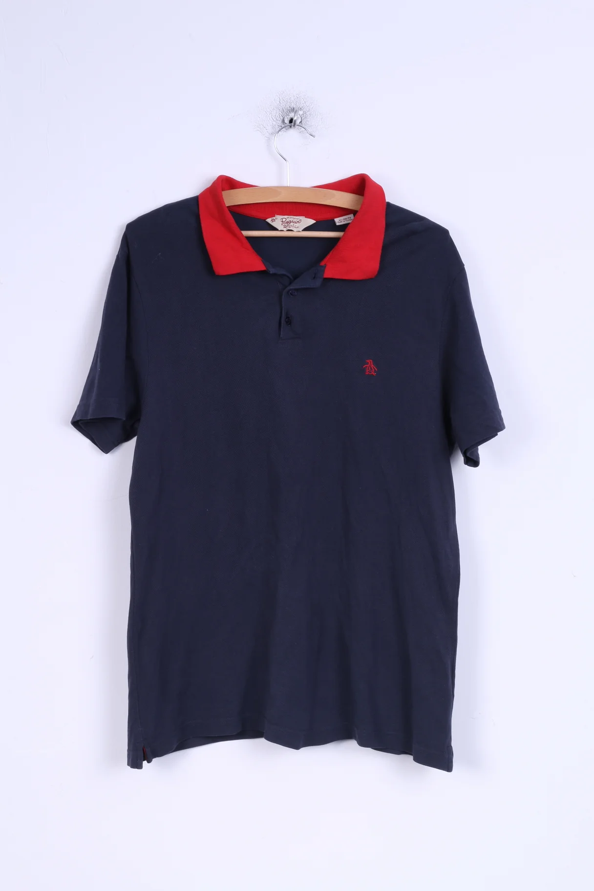 Penguin Mens XL Polo Shirt Navy Cotton Red Collar Detailed Buttons