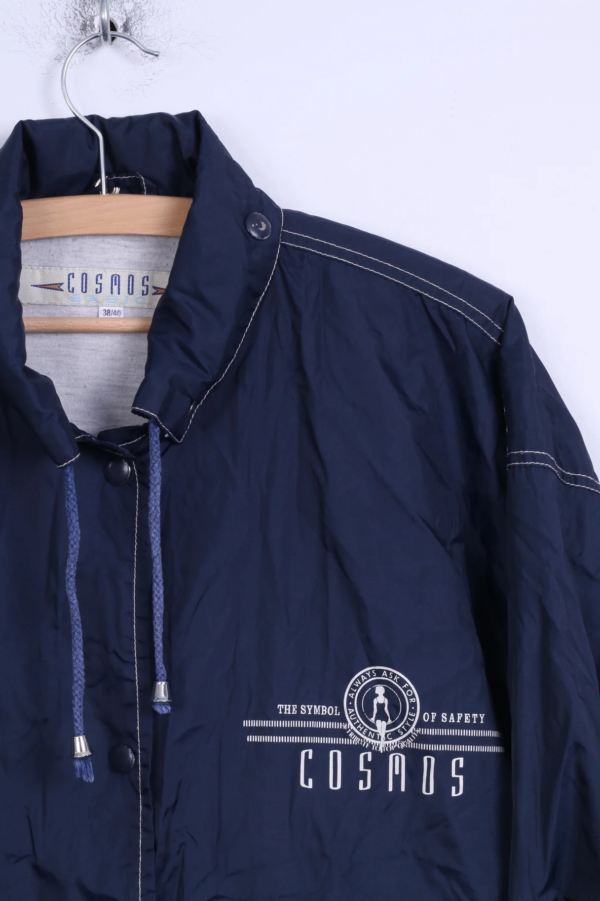 COSMOS Basic Mens 38/40 M Jacket Navy Hidden Hood Nylon Waterproof Top - Image 3