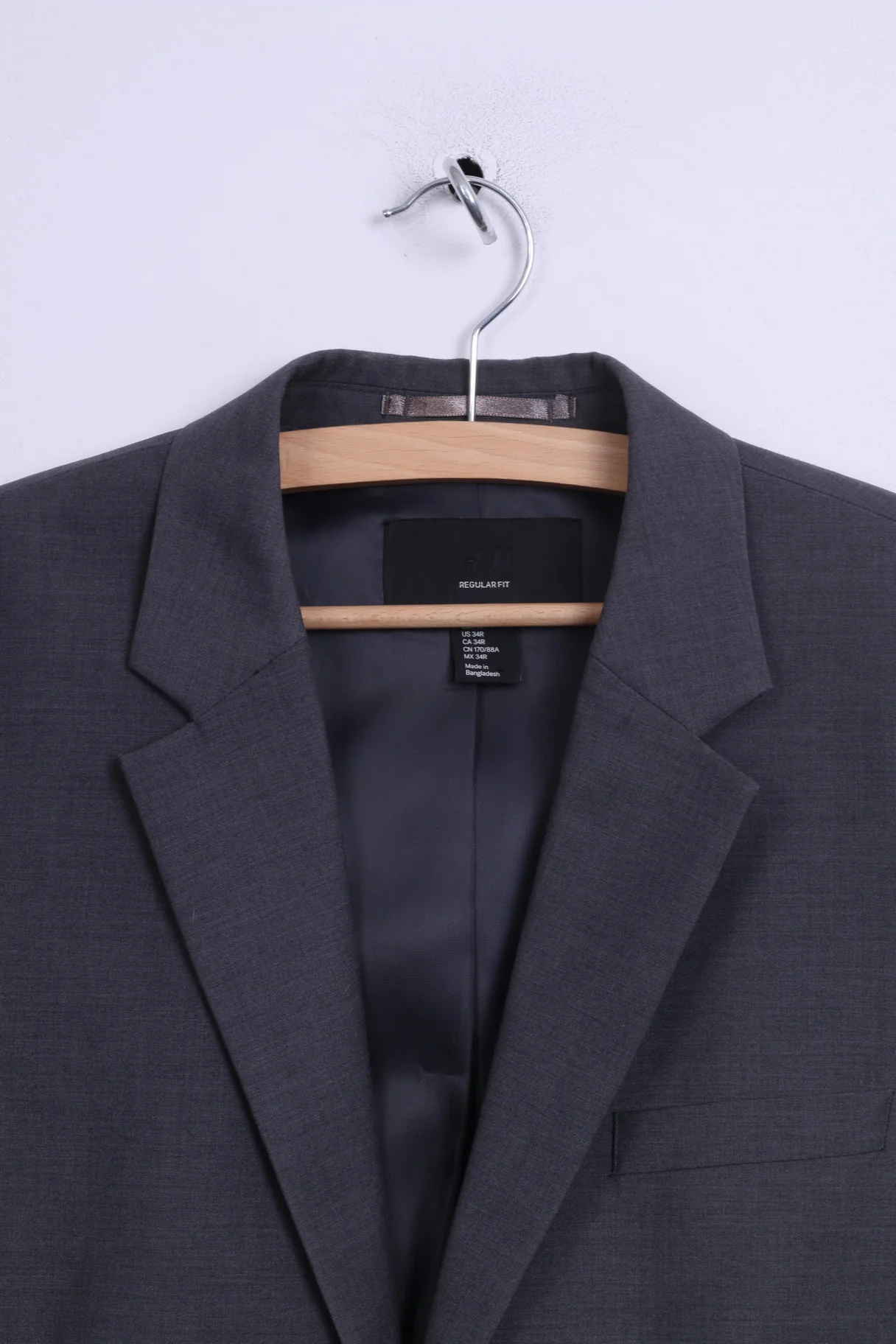 H&M Mens 44 34R S Blazer Grey Regaular Fit Jacket Wool Single Breasted - Image 2