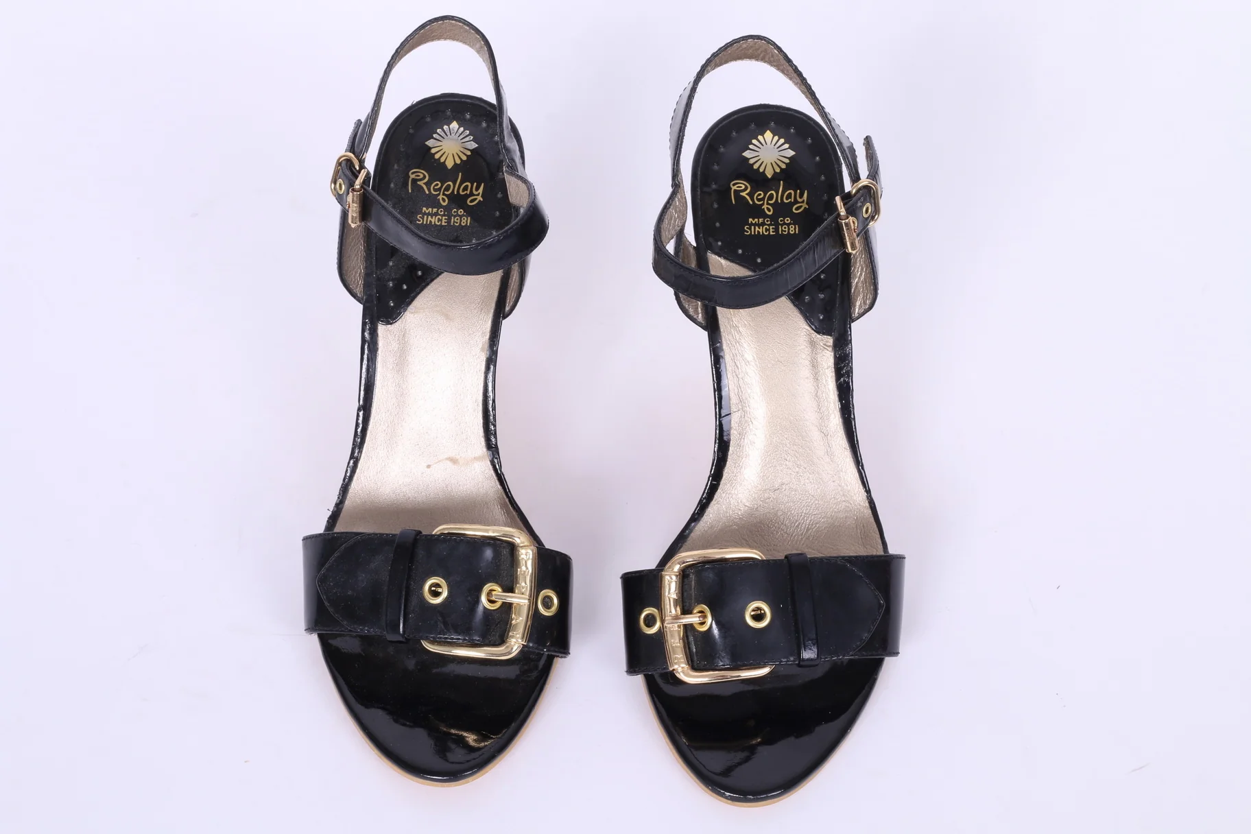 Replay Womens Uk 6 EU 39 Wedge Sandals Black Shiny Gold Details Platform Shoes - Image 2