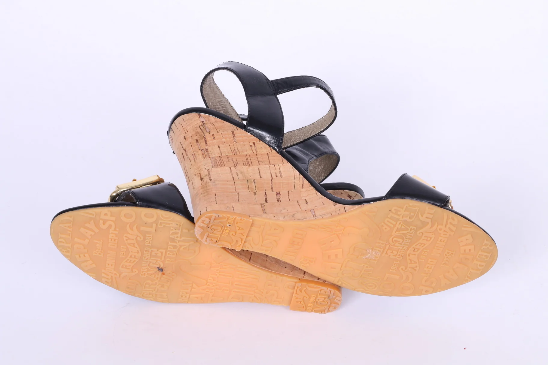 Replay Womens Uk 6 EU 39 Wedge Sandals Black Shiny Gold Details Platform Shoes - Image 7