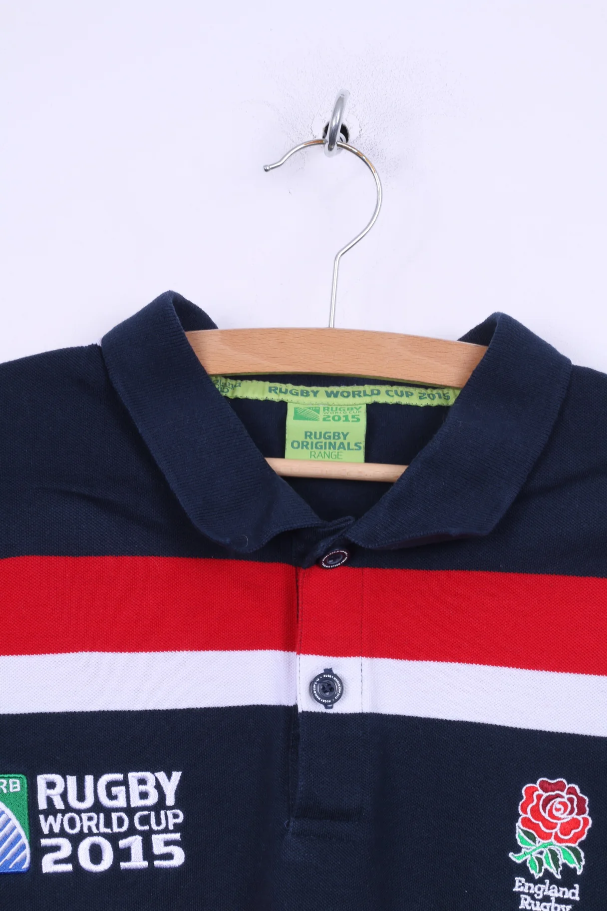 Rugby World Cup 2015 Mens XL Polo Shirt Navy Striped Cotton Blue Striped Detailed Buttons - Image 2