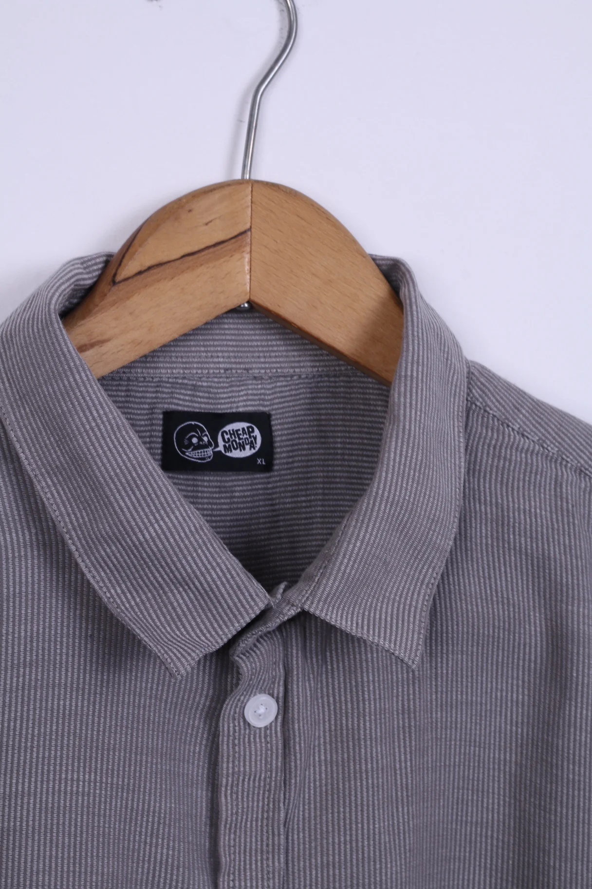 Cheap Monday Mens XL (L) Casual Shirt Cotton Grey Striped Detailed Buttons Long Sleeve - Image 4