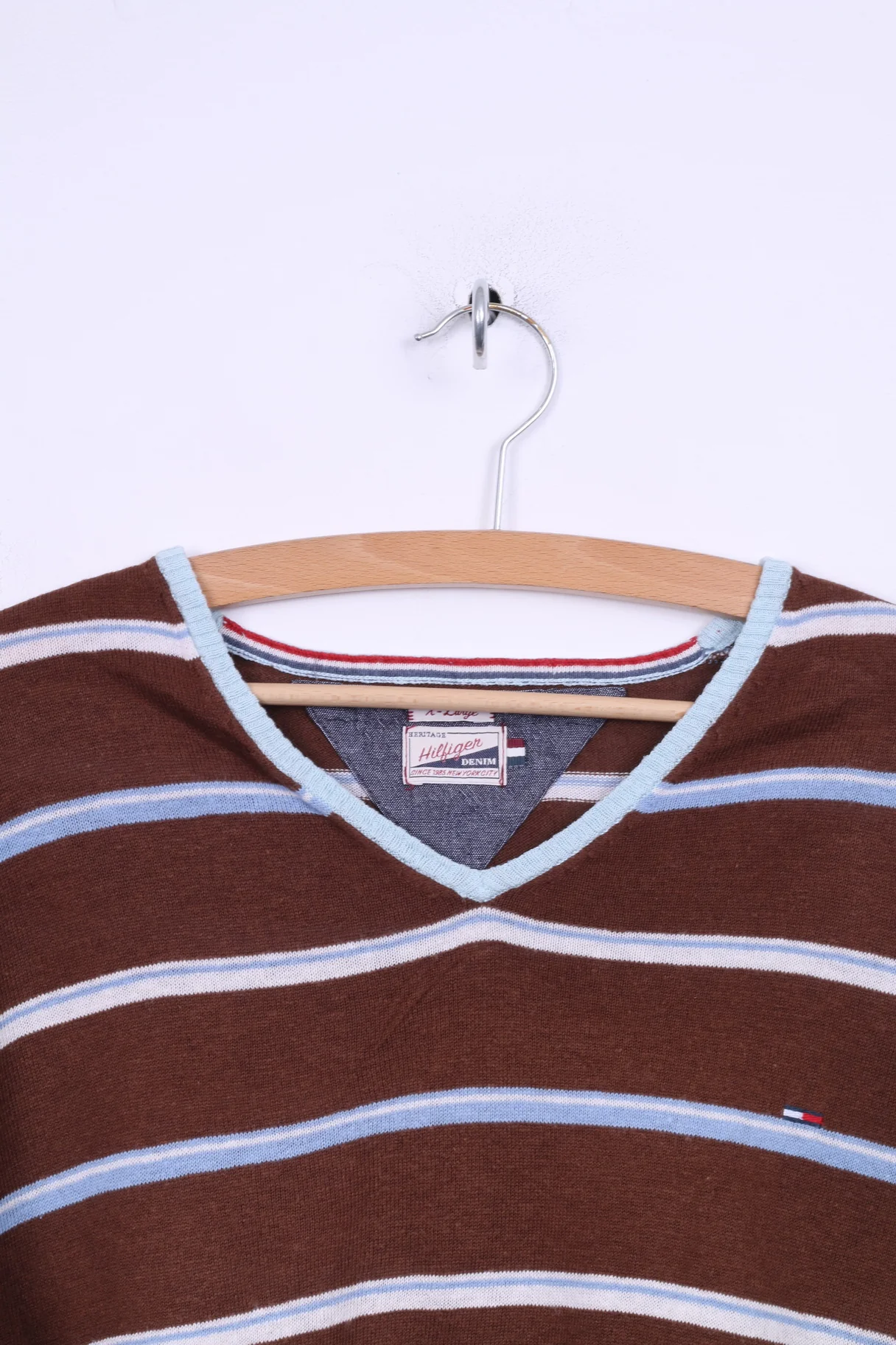 Hilfiger Denim Mens XL (L) Jumper Brown Striped V Neck Linen Cotton Blend Light Sweater - Image 2