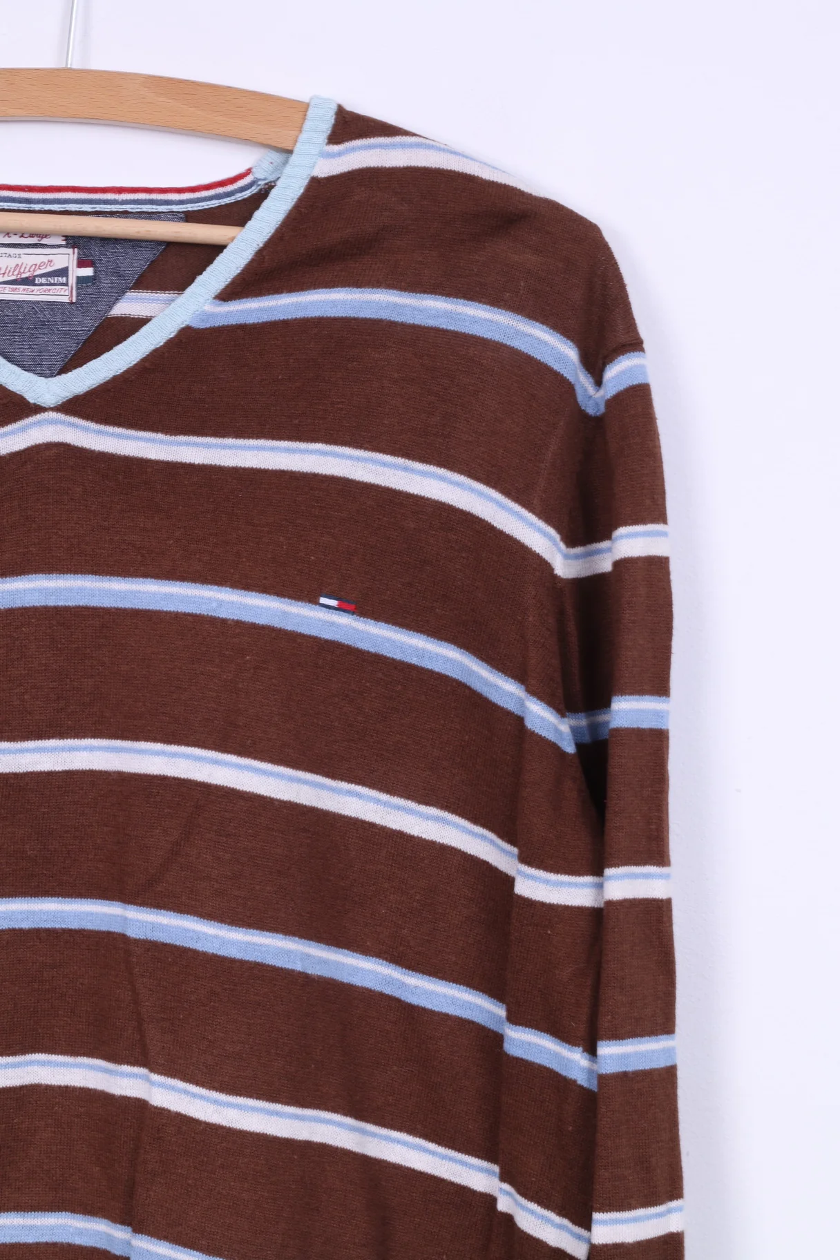 Hilfiger Denim Mens XL (L) Jumper Brown Striped V Neck Linen Cotton Blend Light Sweater - Image 3