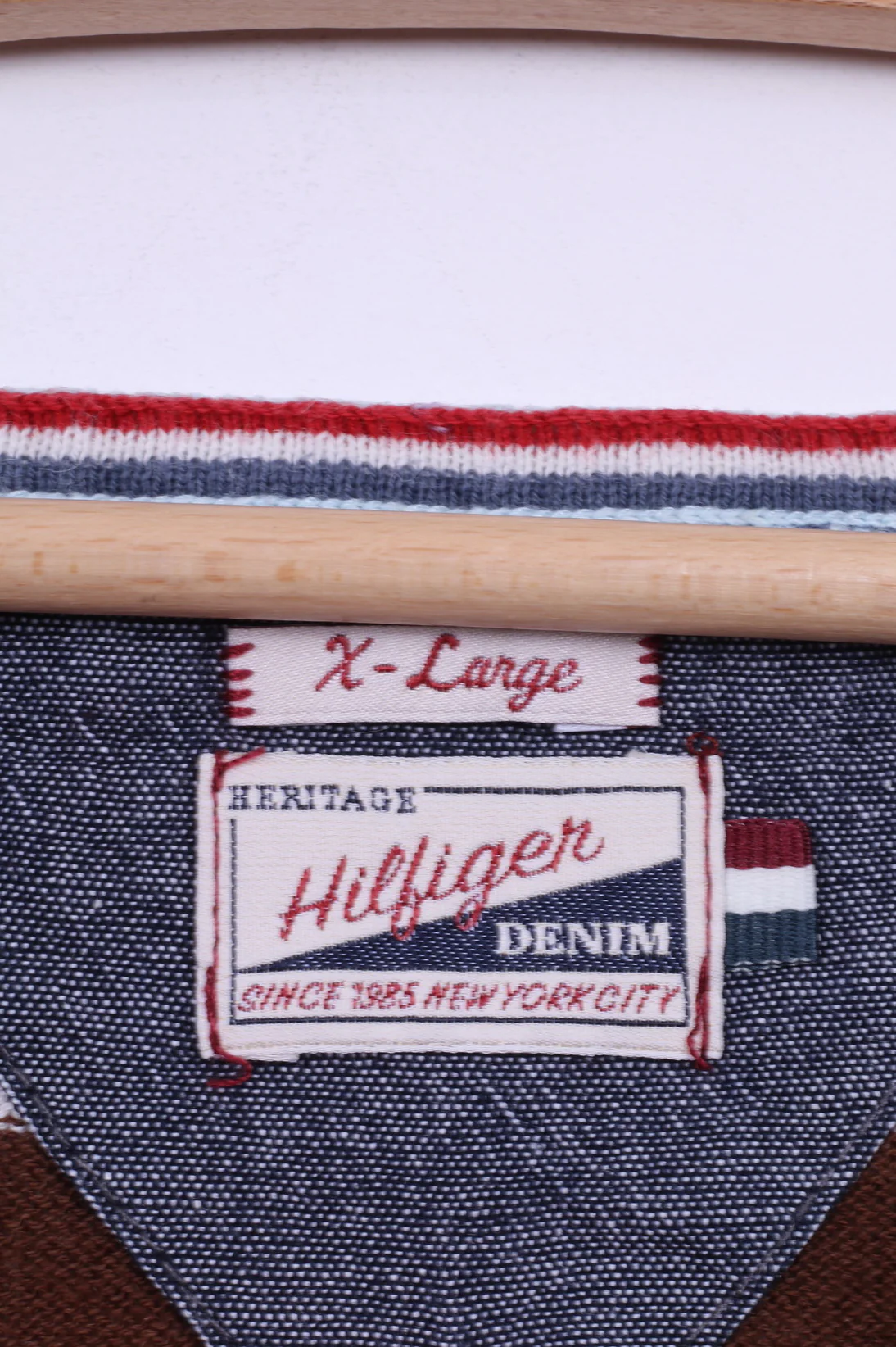 Hilfiger Denim Mens XL (L) Jumper Brown Striped V Neck Linen Cotton Blend Light Sweater - Image 4