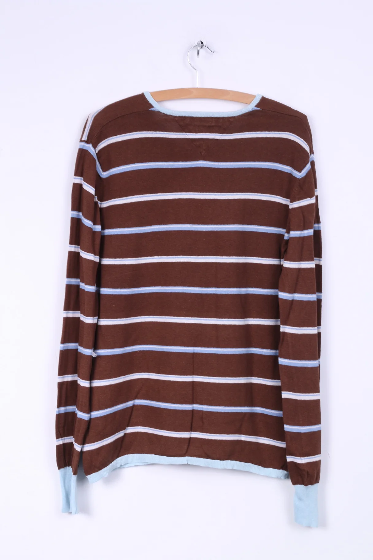Hilfiger Denim Mens XL (L) Jumper Brown Striped V Neck Linen Cotton Blend Light Sweater - Image 6