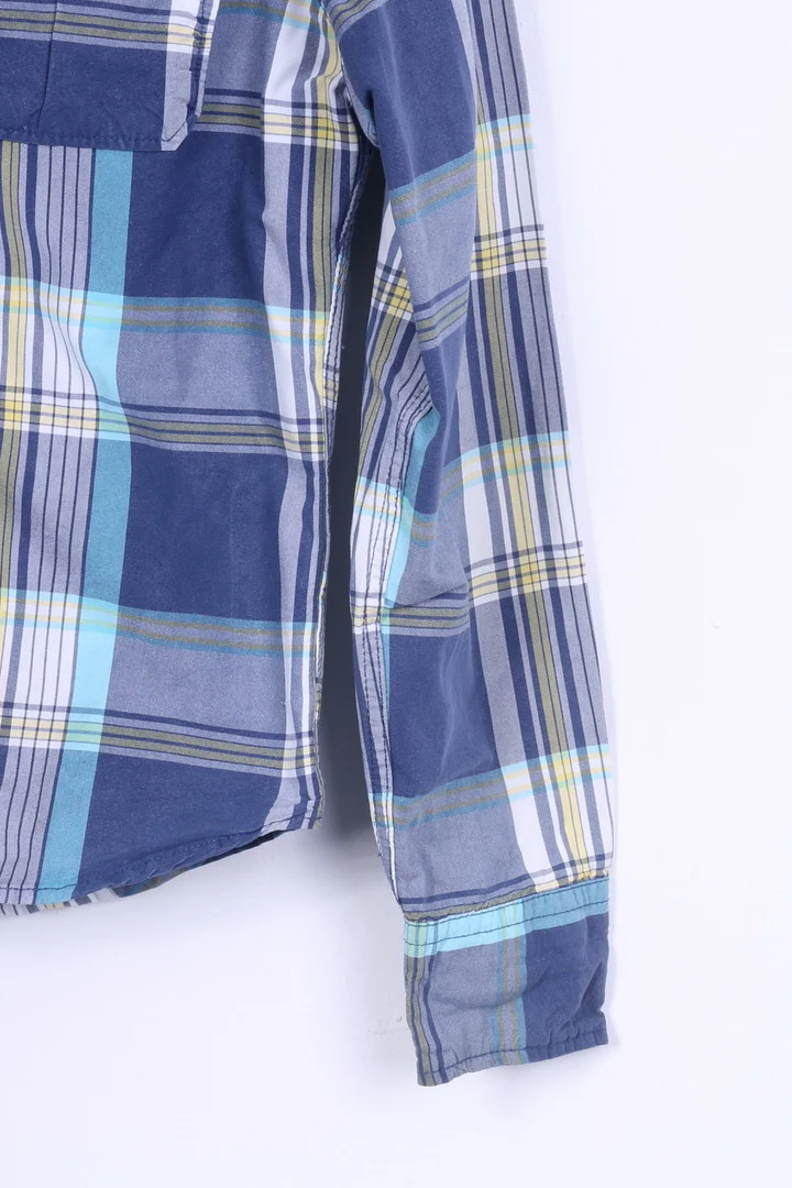 Hollister Mens S Casual Shirt Cotton Blue Checkered Hooded Long Sleeve - Image 3