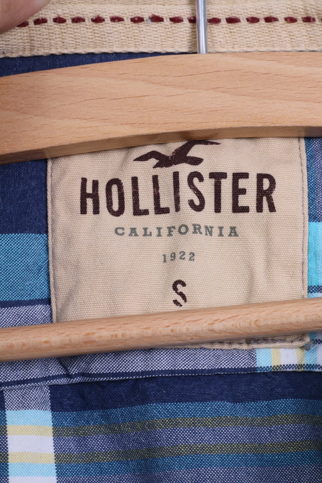 Hollister Mens S Casual Shirt Cotton Blue Checkered Hooded Long Sleeve - Image 4