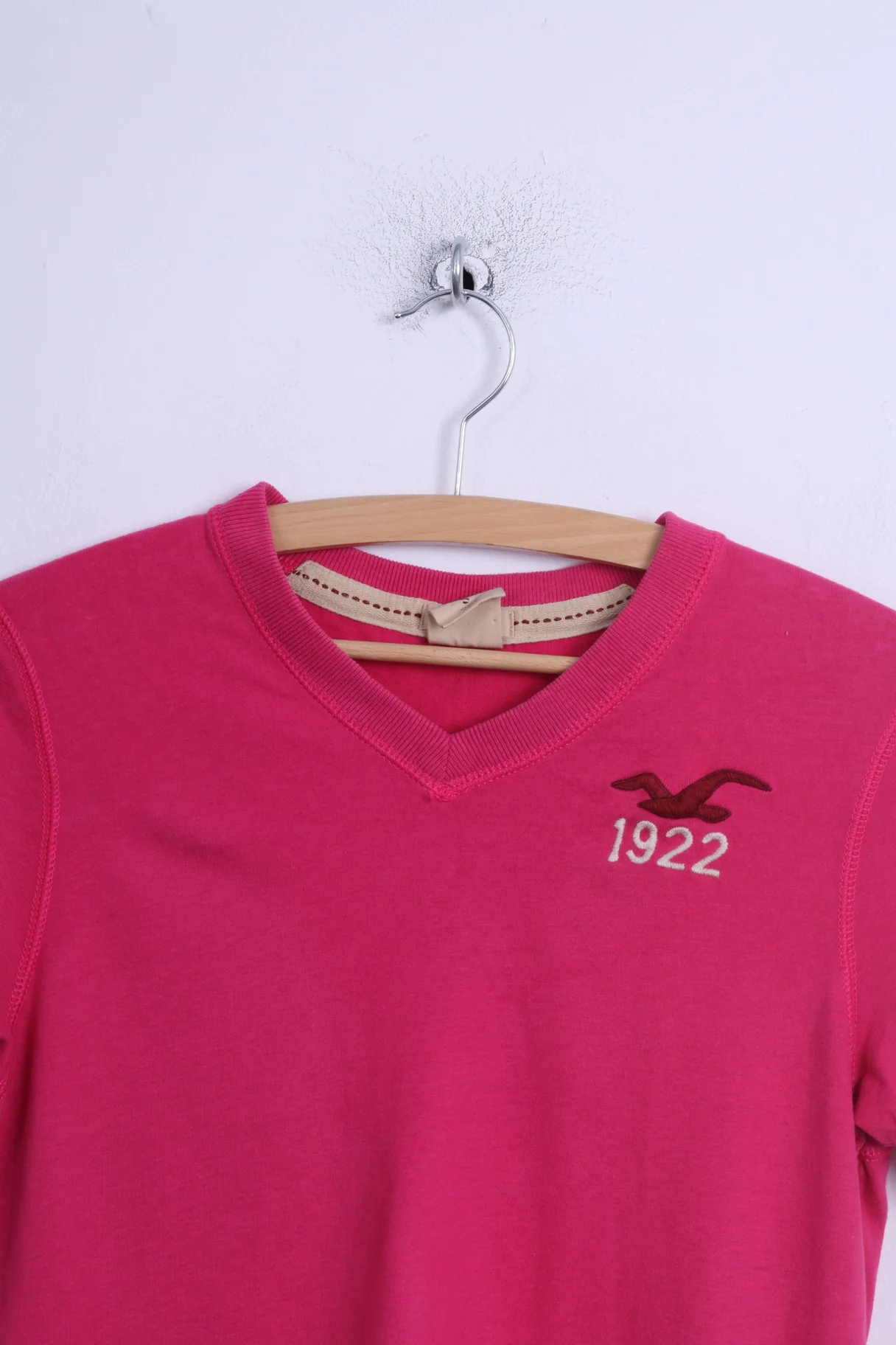 Hollister California Womens S Shirt Pink Cotton Stretch V Neck Long Fit Top - Image 2