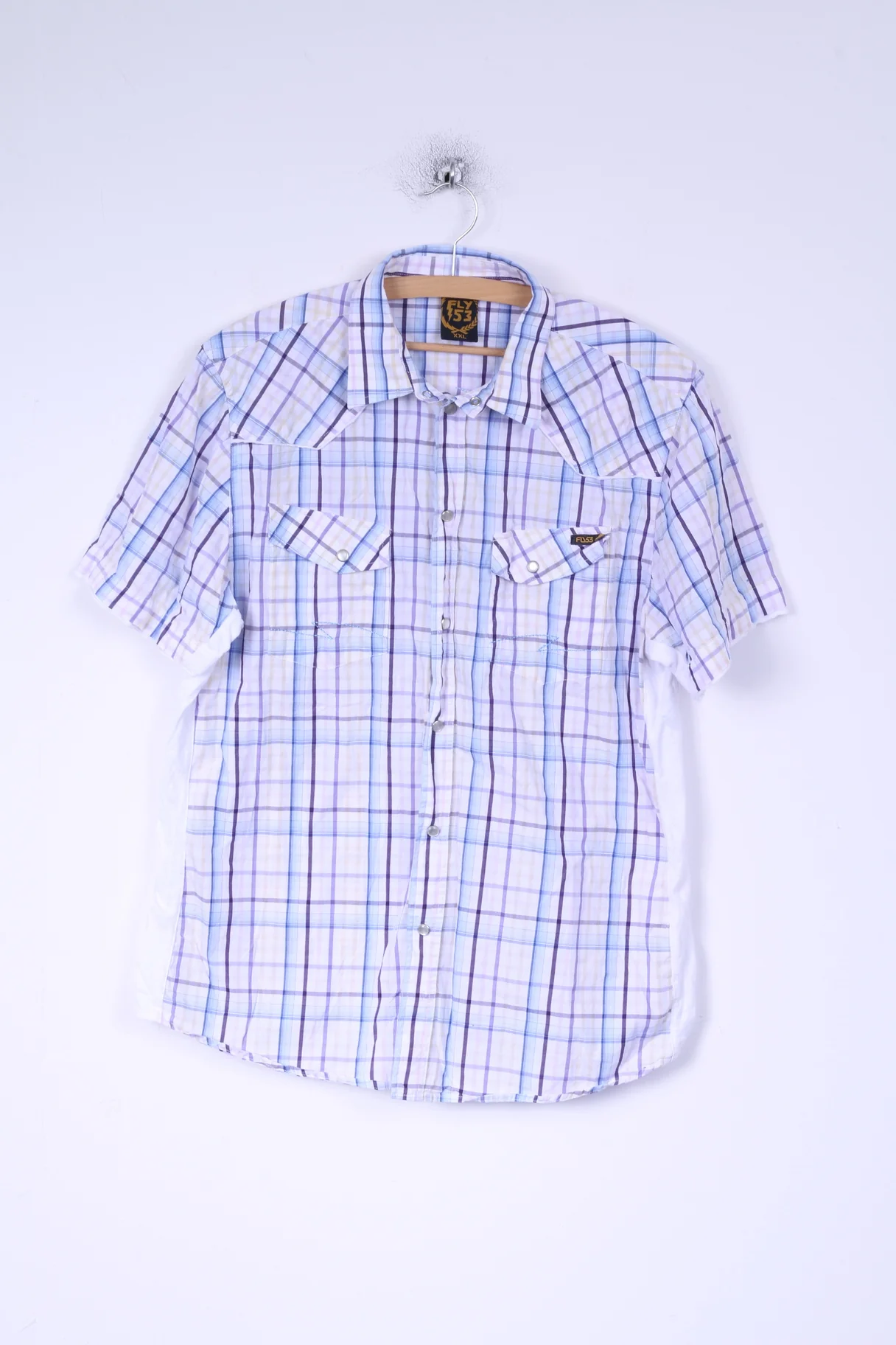 FLY 53 Mens XXL (M) Casual Shirt White Blue Checkered Cotton Short Sleeve