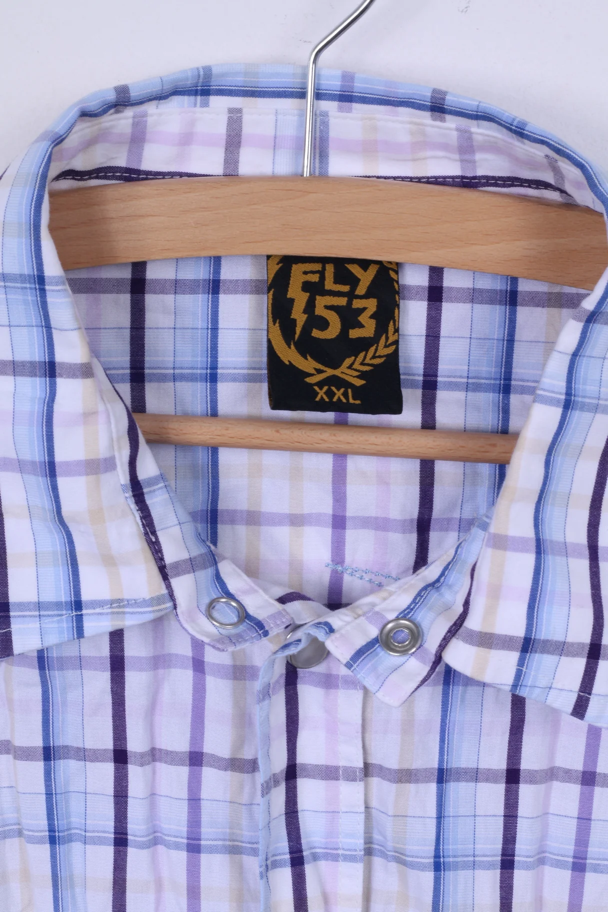 FLY 53 Mens XXL (M) Casual Shirt White Blue Checkered Cotton Short Sleeve - Image 3