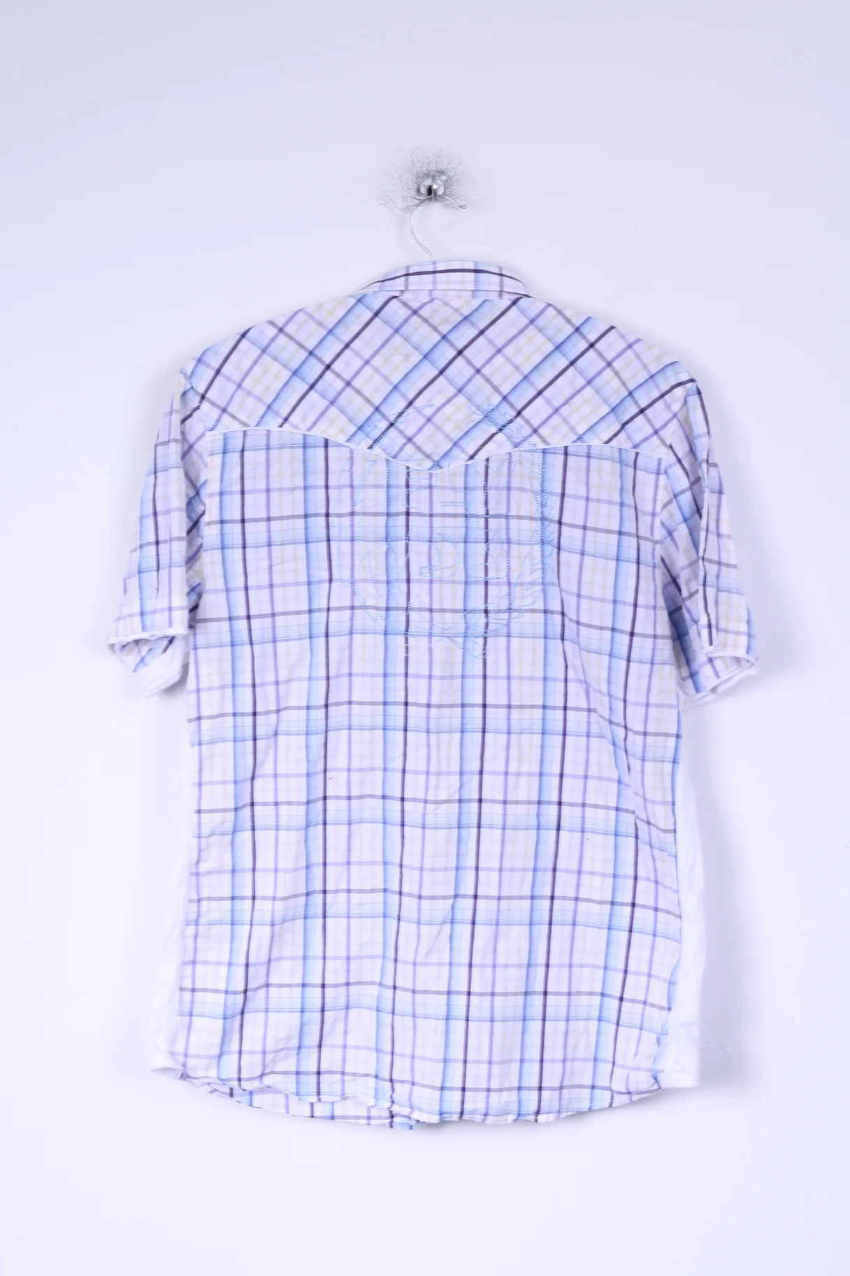 FLY 53 Mens XXL (M) Casual Shirt White Blue Checkered Cotton Short Sleeve - Image 6