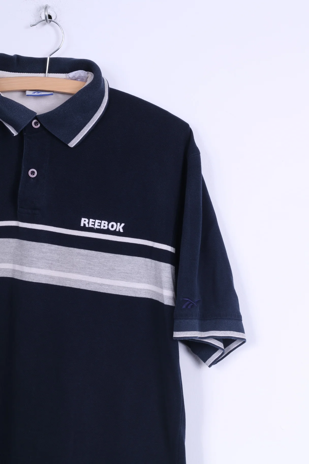 Reebok Mens L Polo Shirt Navy Cotton Vintage Striped - Image 3