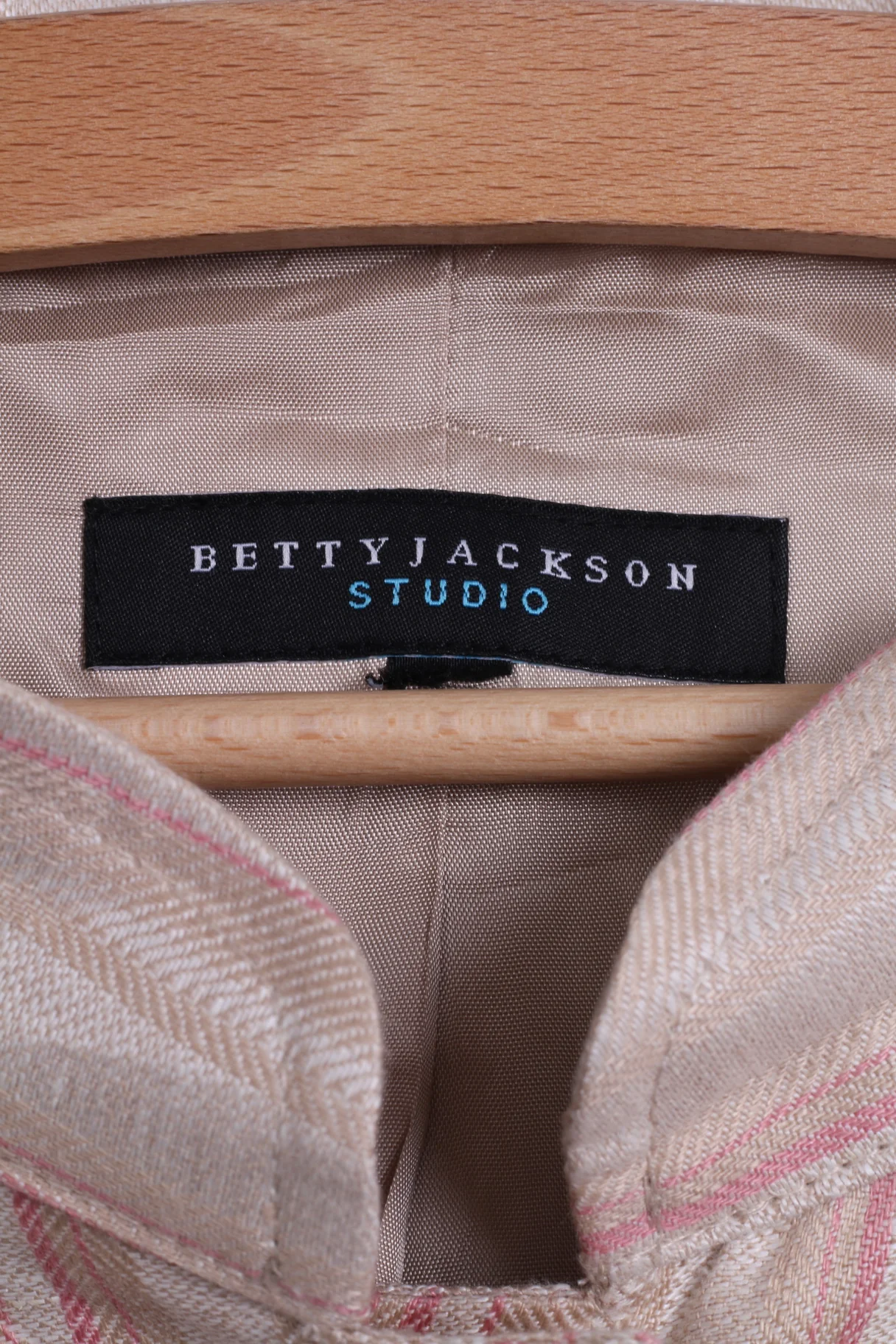 Betty Jackson Studio Womens M Jacket Beige Linen Striped Big Buttons Blazer - Image 4