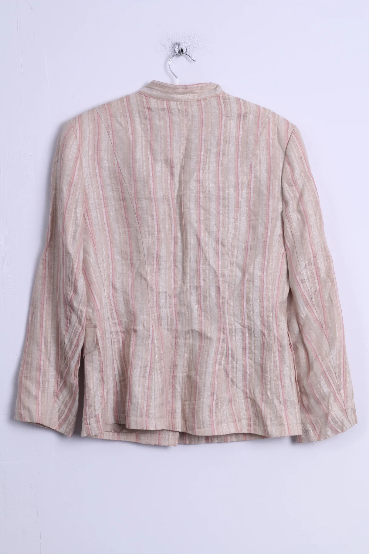 Betty Jackson Studio Womens M Jacket Beige Linen Striped Big Buttons Blazer - Image 6