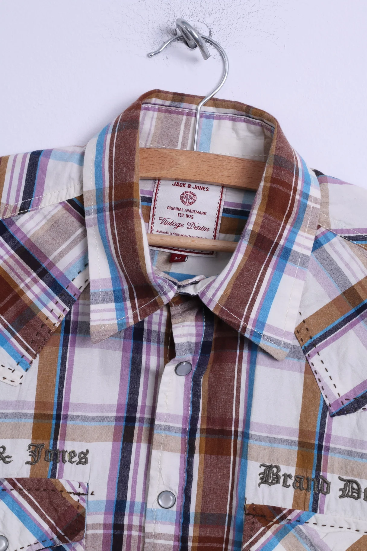Jack & Jones Mens M Casual Shirt Cotton Brown Checkered Vintage Denim Long Sleeve - Image 2