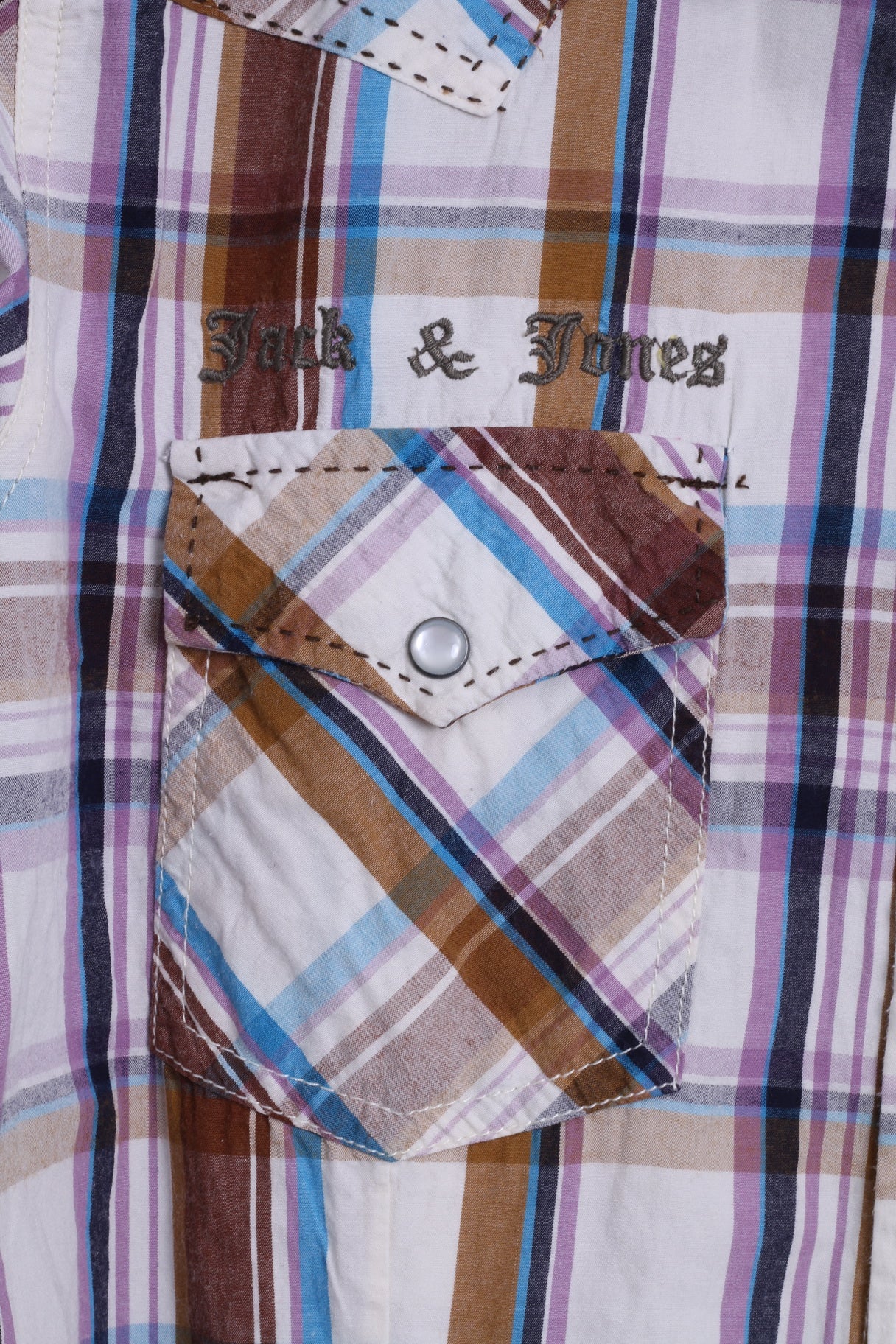 Jack & Jones Mens M Casual Shirt Cotton Brown Checkered Vintage Denim Long Sleeve - Image 3